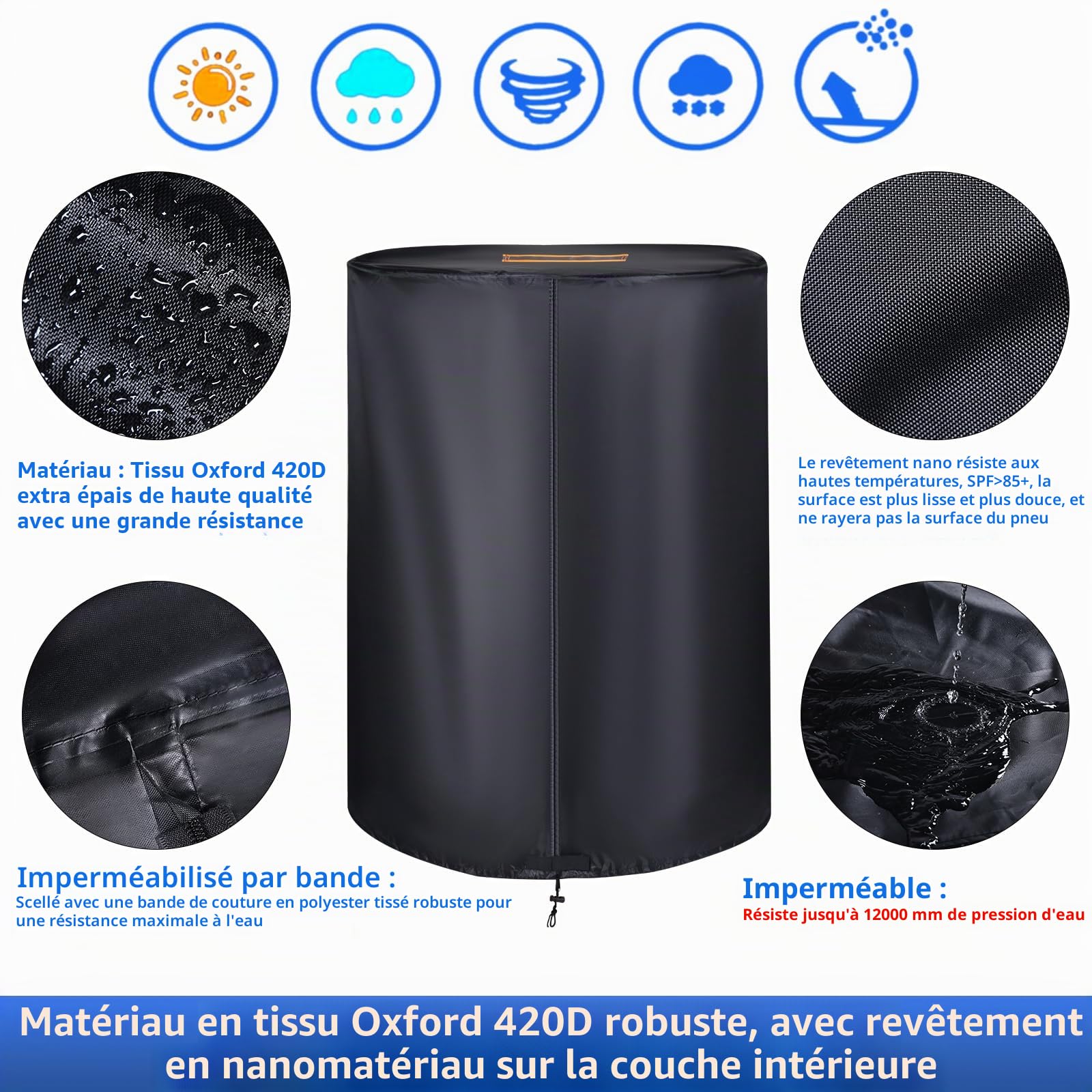 Grand Sac pour pneus de Voiture, Rangement Universel 420D Robuste pour 4 pneus, Housse de Pneu avec Fermeture éclair, Bandes imperméables, Bandes réfléchissantes (Ø 84 cm x H 120 cm)