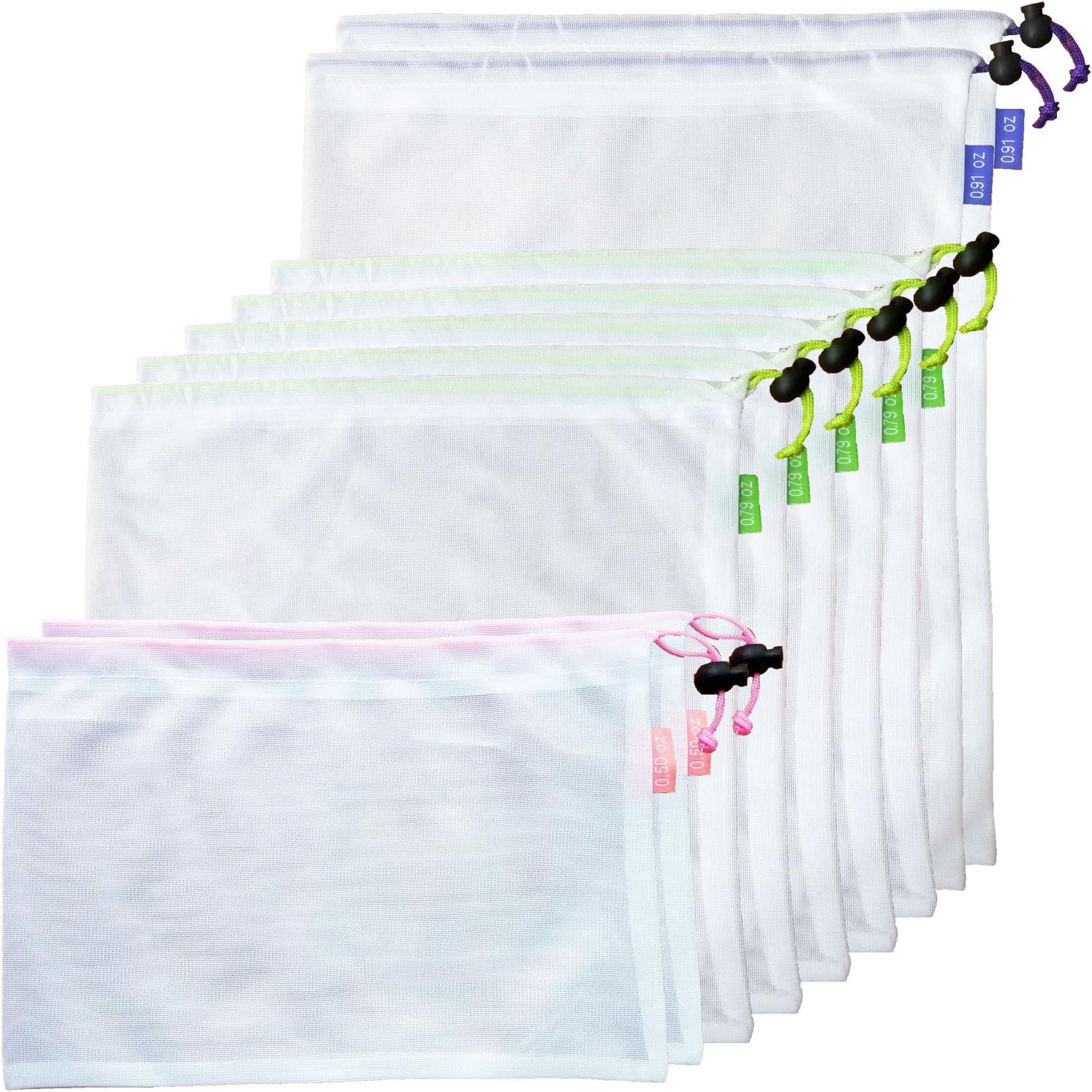 Value 9PCS Reusable Mesh Produce Bags -Eco Friendly Net Bags -TARE WEIGHT TAGS on every bag Premium MACHINE WASHABLE Grocery Set of 9-3 Different Sizes 12x17in, 12x14in, 12x8in