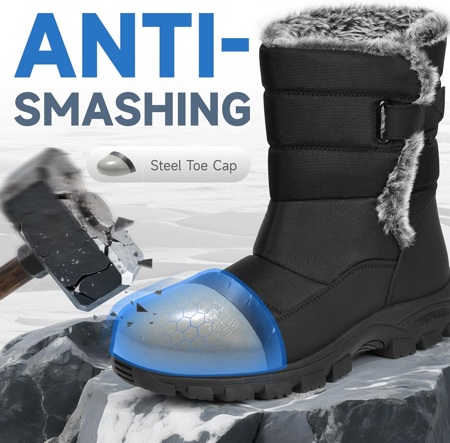 ANGRYRAM Winter Steel Toe Boots for Women Non Slip Warm Insulated Snow Boots Faux Fur Comfortable Mid Calf Safety Toe Furry Snow Shoes for Industry Construction Outdoor Winter - Image 4