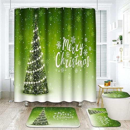 ArtSocket Juego de baño de Navidad con cortina de ducha y accesorios de alfombras, cortina de ducha de copo de nieve verde para baño, decoración de