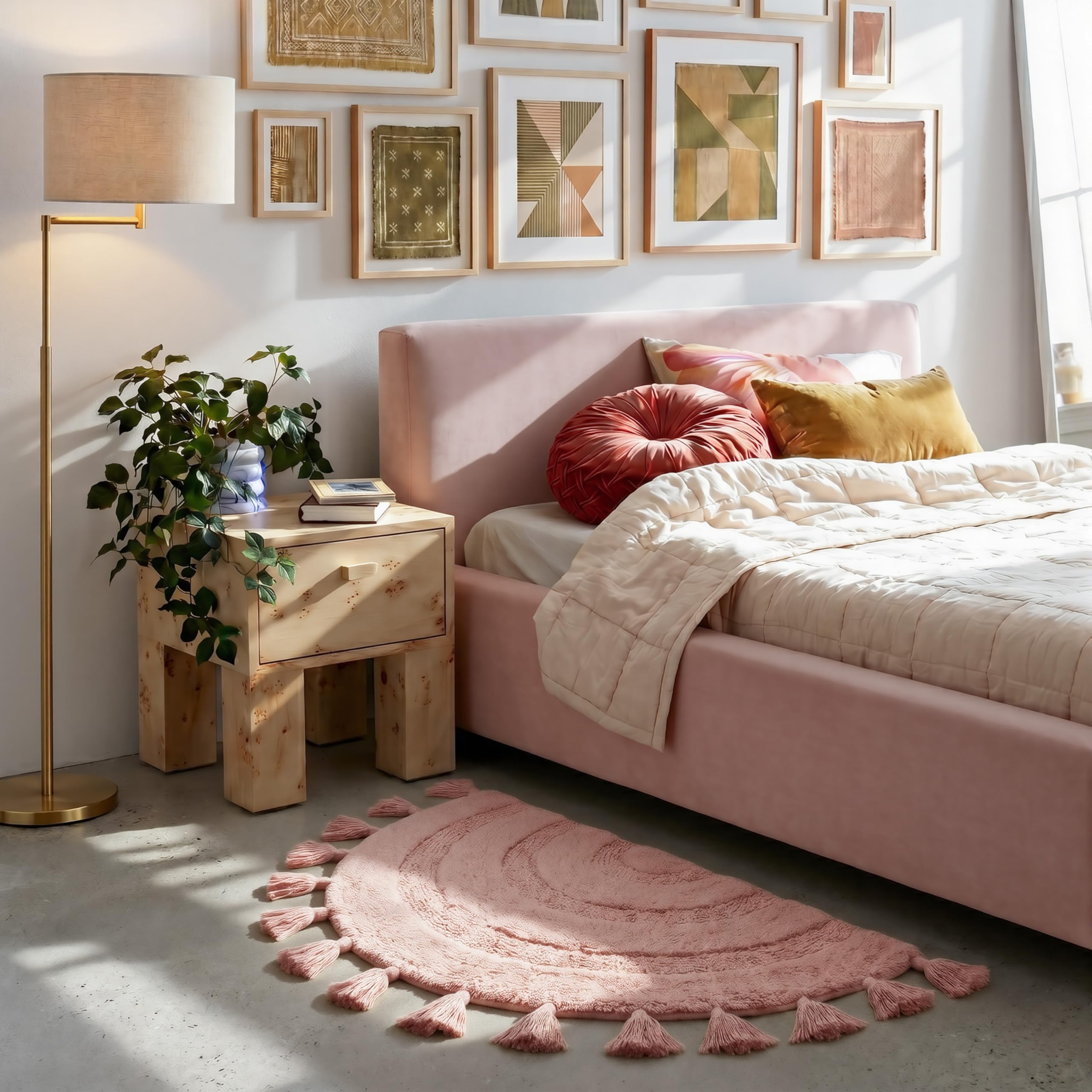 KOEXM Alfombra bohemia de medio círculo con borlas para dormitorio, hermosa alfombra de baño hecha a mano de ganchillo suave de algodón rosa rubor, antideslizante, absorbente, lavable, bonita alfombra