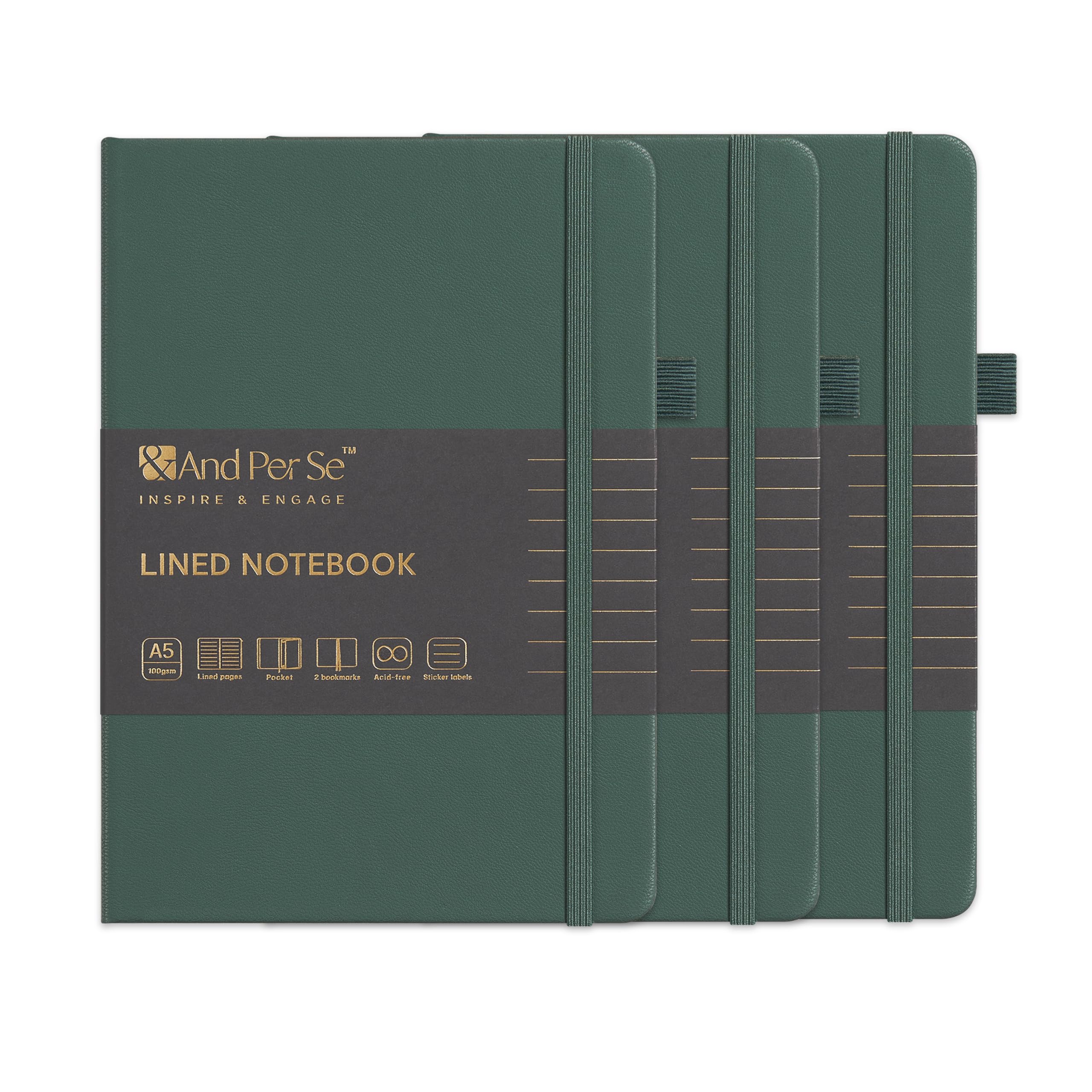 &And Per Se Lined Notebooks 3-Pack Gift Set, A5 Hardcover Journals, 160 Pages 100gsm Thick Paper, Journaling Notebook for Office School (Green)