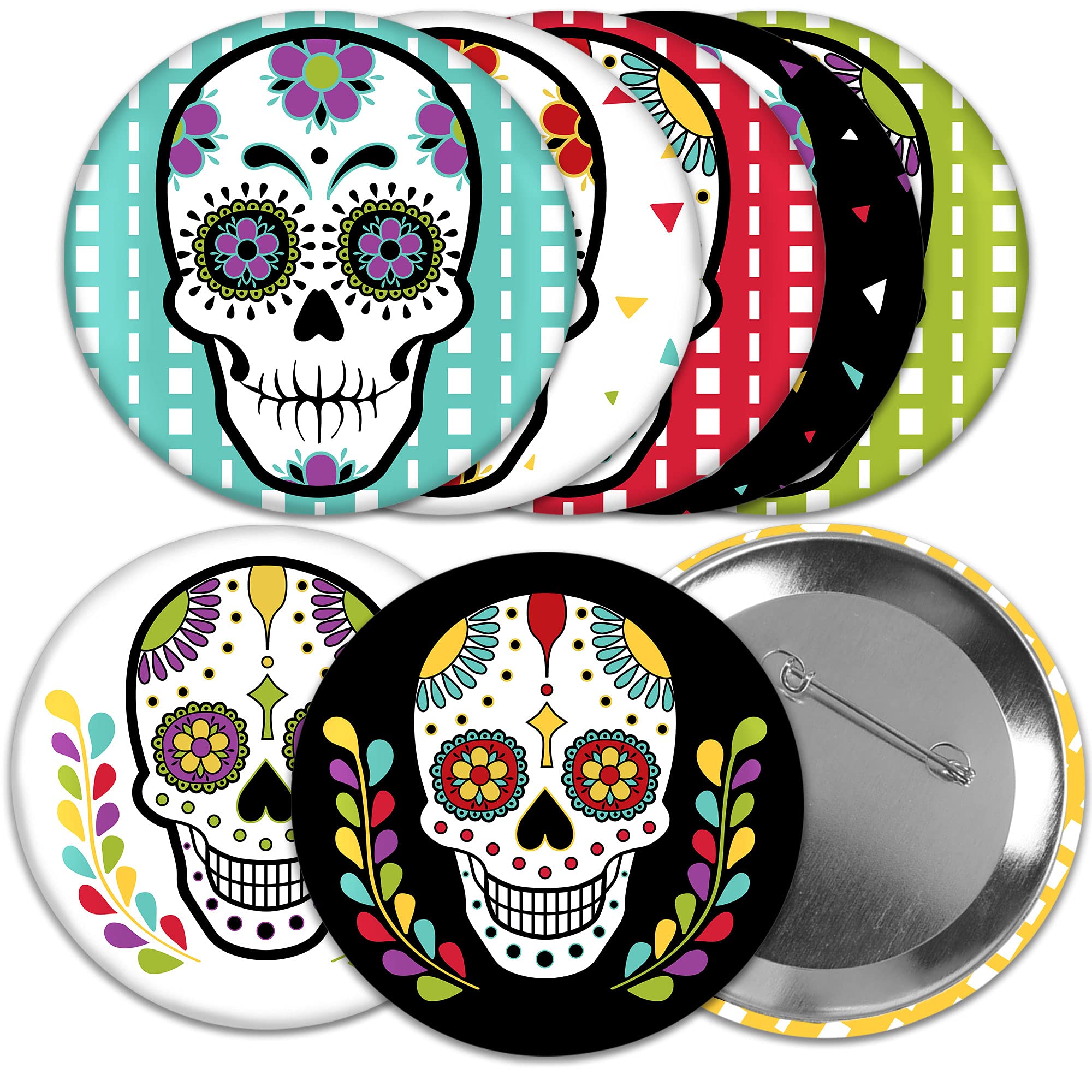 Big Dot of HappinessDay of the Dead - 3 inch Halloween Sugar Skull Party Badge - Pinback Buttons - Set of 8, Metal
