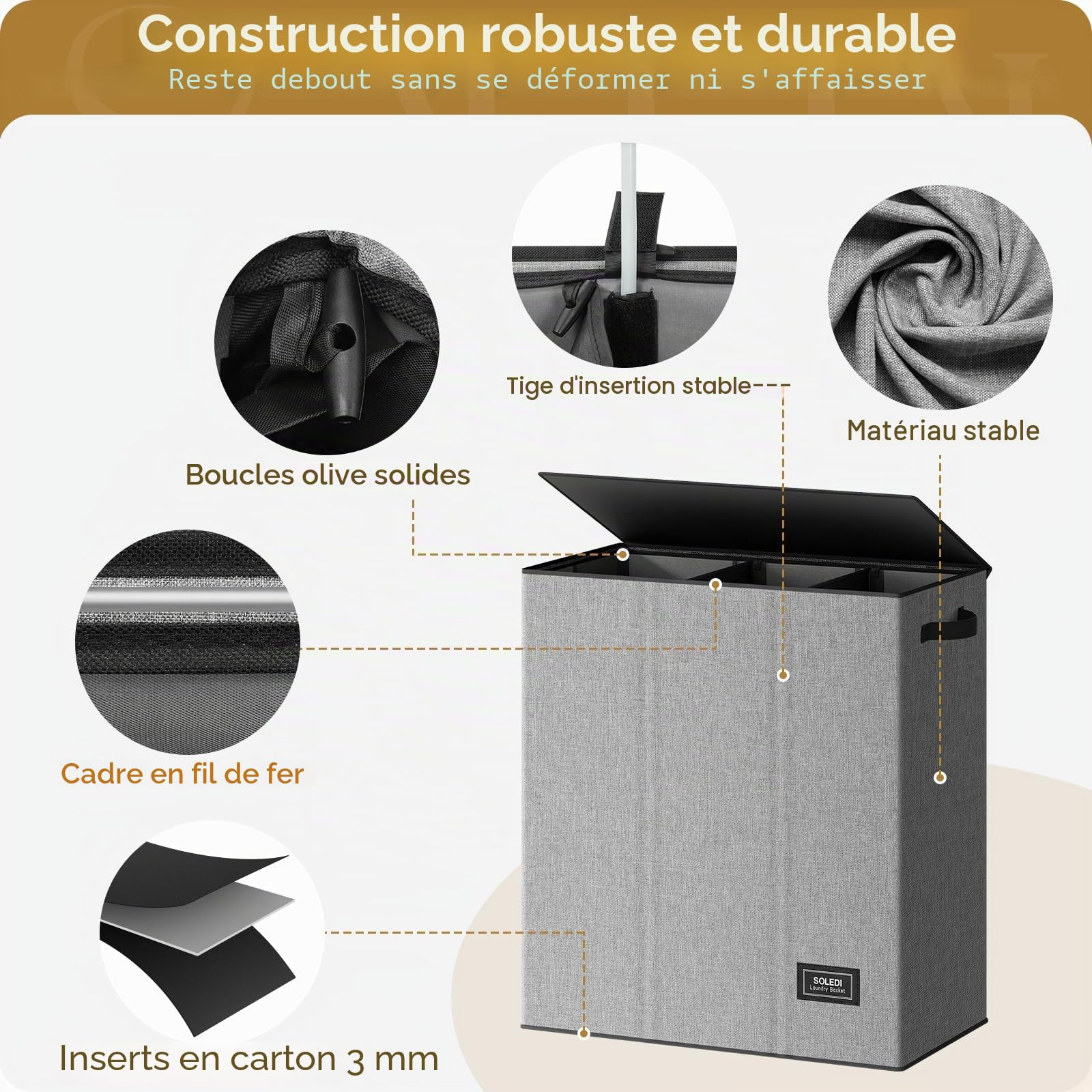 SOLEDI Panier a Linge avec Couvercle, Panier à Linge 3 Compartiment, 160L Corbeille a Linge, Paniere a Linge Sale pour Récupérer le Linge et Faire le Tri, Bac a Linge pour Buanderie, Gris