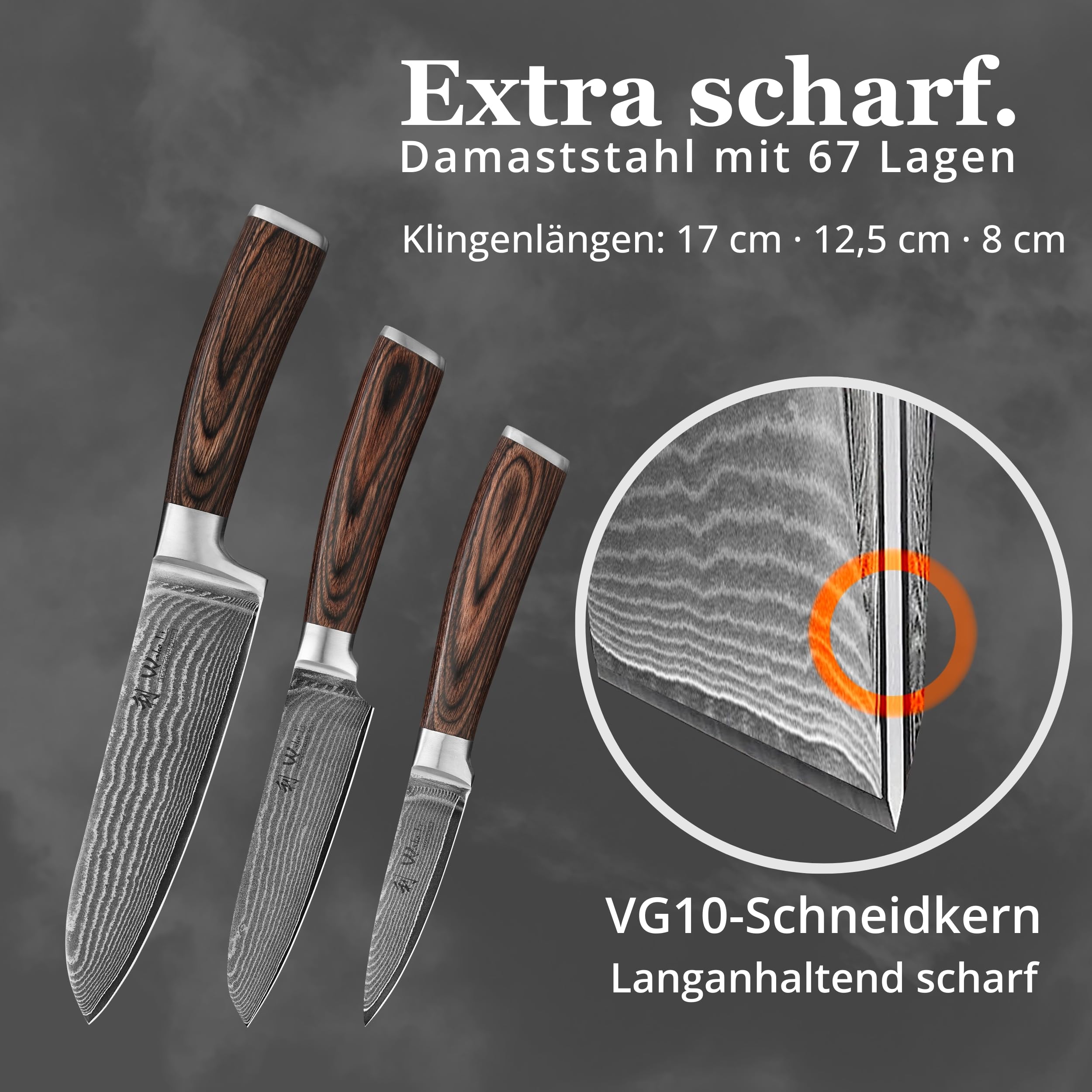 Wakoli EDIB 3-teiliges Küchenmesser Set aus echtem Damaststahl (VG10 Kern) in Geschenkbox aus Holz – Scharf & ergonomisch – Damastmesser Set mit Pakkaholzgriffen