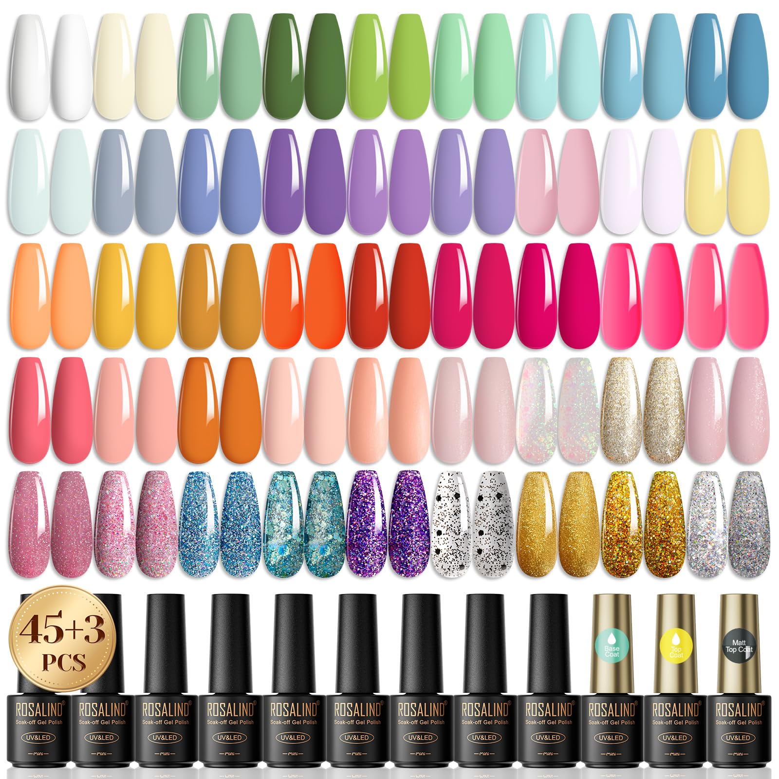 ROSALIND 48Pcs Esmalte Semipermanente, 45 Colors Mini Blanco Verde Azul Rosa Morado Macaron Glitter Pintauñas Semipermanentes，Esmalte de Uñas Semipermanentes Principiantes Art DIY
