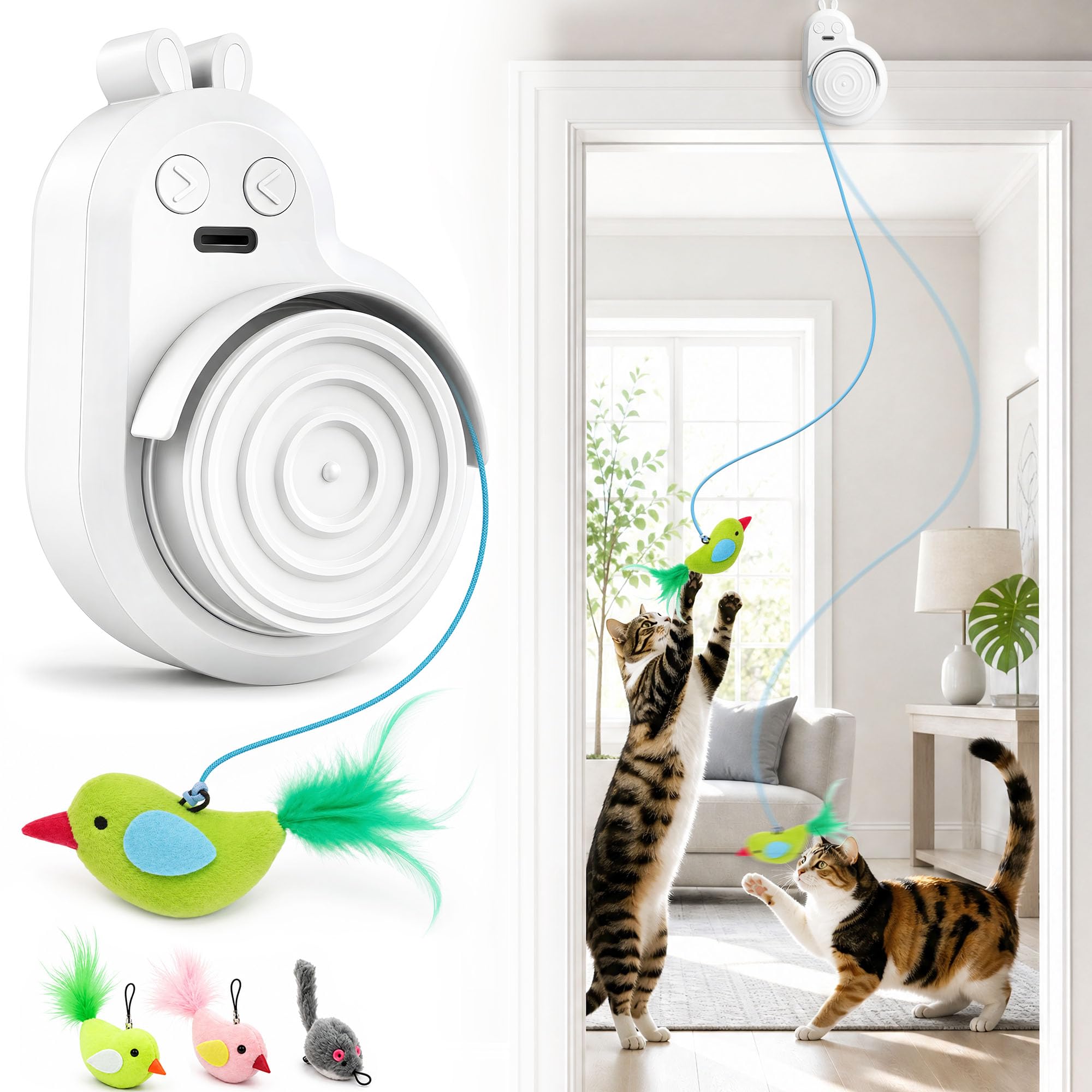 Jouets interactifs pour chats d'intérieur : plume d'oiseau volant automatique électrique et baguette de souris, jouet d'enrichissement électrique rechargeable pour chatons ennuyés et chats adultes
