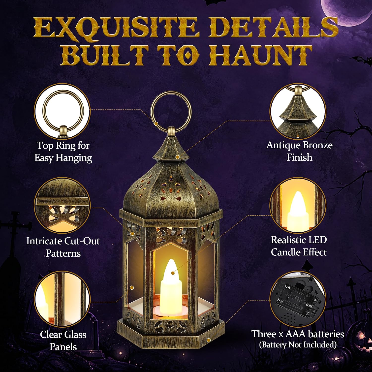 Halloween Lanterns, 6 Pack Brushed Gold LED Candle Lanterns, Battery Operated Hanging Lanterns with Warm Flickering Light, Metal Decorative Lanterns for Halloween Party, Table & Home Decor