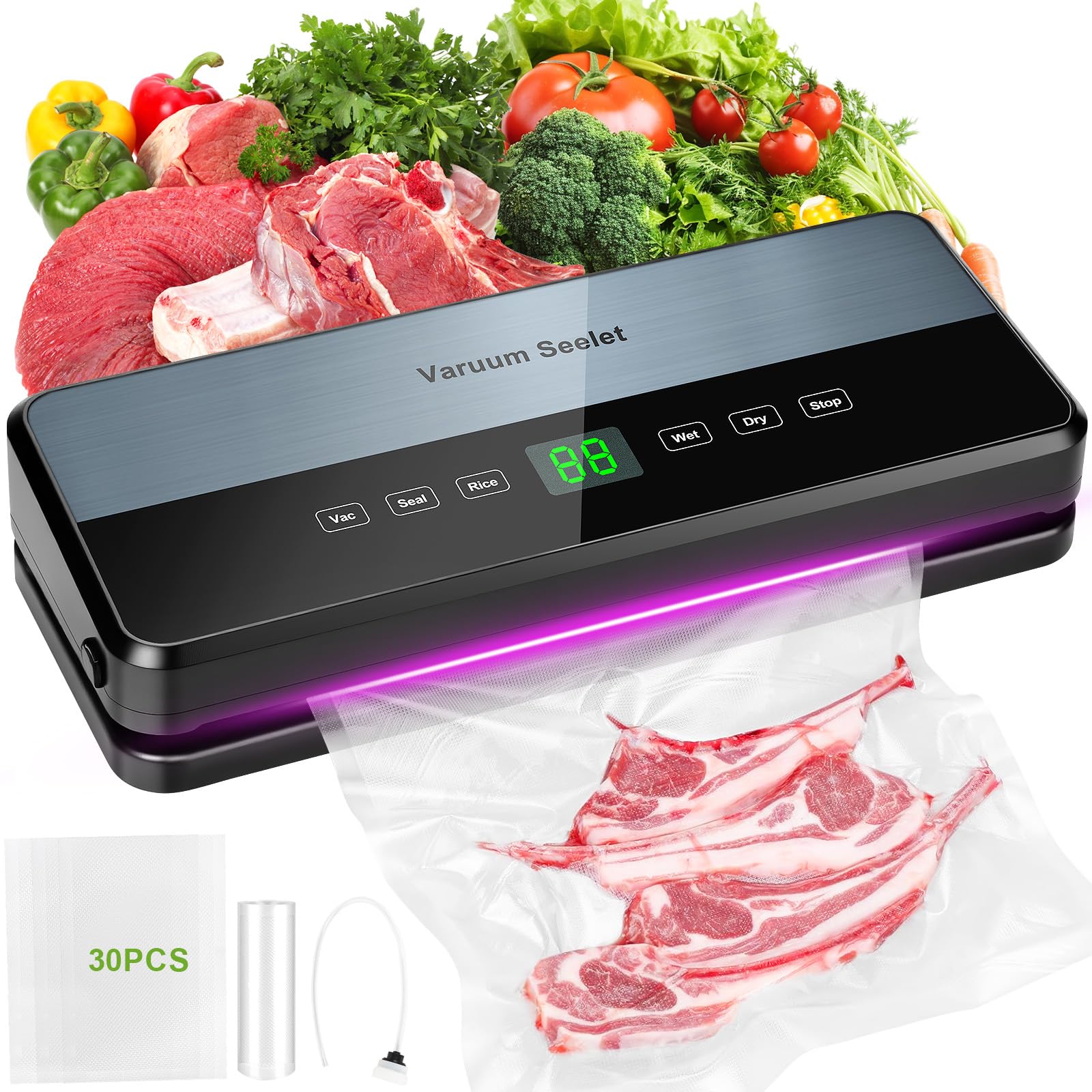 Selladora al vacío de Alimentos 8 en 1, 65 kPa, 30 mm de Largo, con 30 Bolsas y Almacenamiento, para conservación de Alimentos Secos y húmedos, Cortador Integrado.