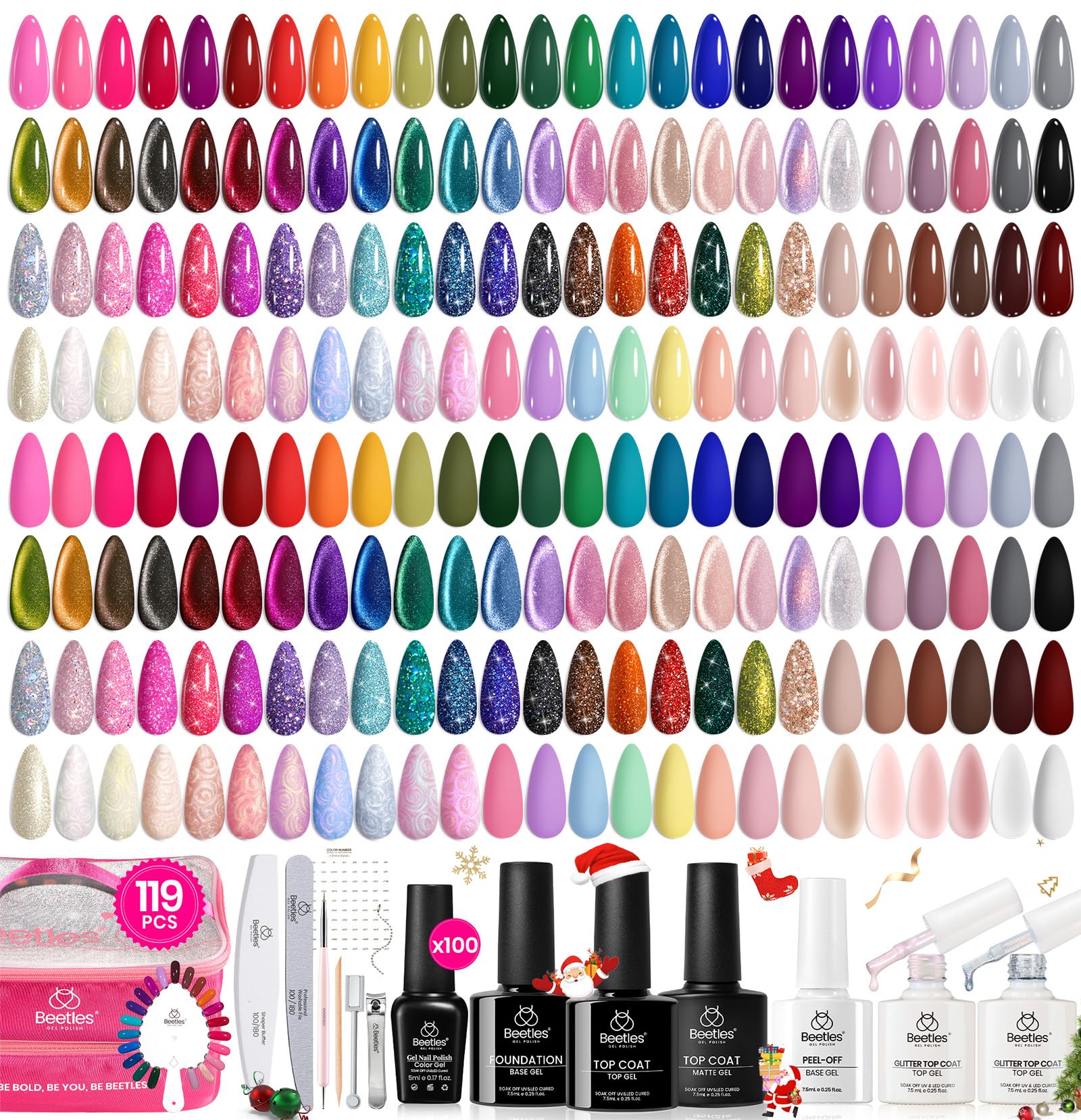 Beetles Nail Nook Gel Nail Polish Set - 119 PCS 100 Colors Gel Polish Kit Base Glossy Matte Glitter Top Coat Glitter Pearl Cat Eye White Red Pink Nude Uv Led Nails Gift for Women