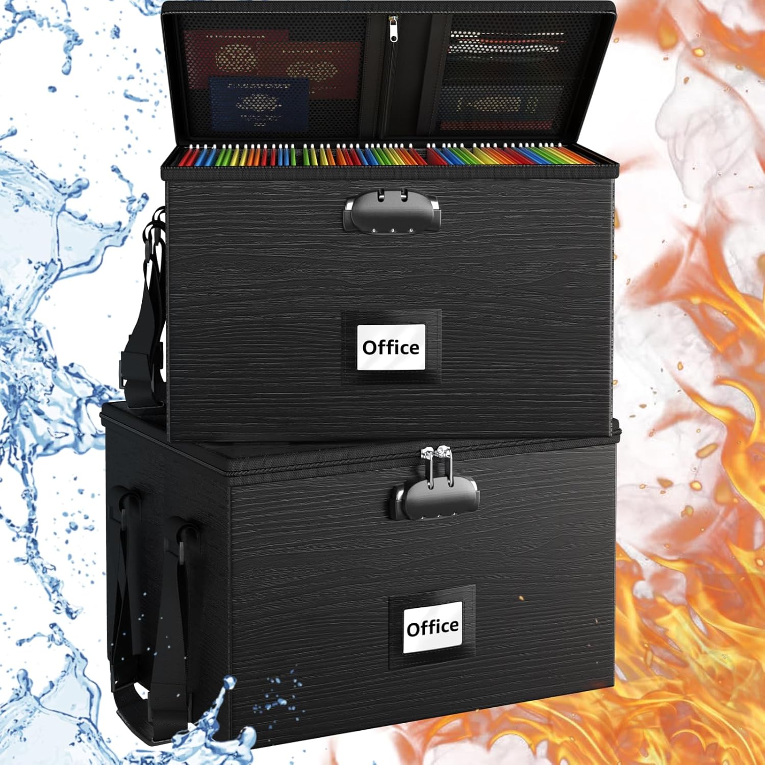 2 Pack Fireproof Document Box File Organizer - Portable Locking Filing Storage Box with Handle Waterproof for Hanging Letter/Legal Folder Important Document Black3 2pcs