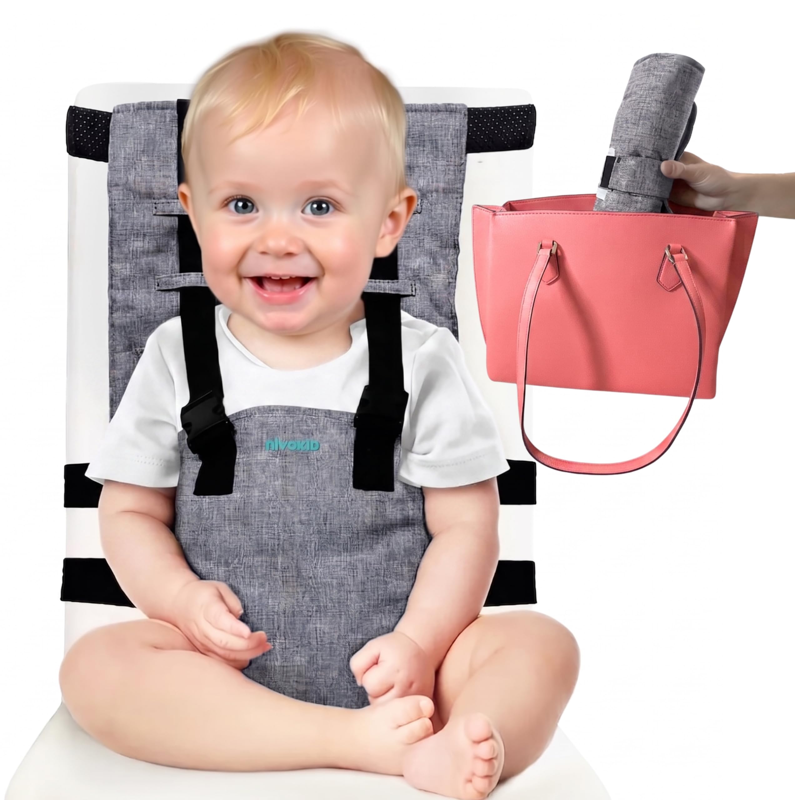 Trona Portátil Bebé 6-36 Meses, Silla Portátil de Viaje con Arnés Ajustable de 3 Puntos, Asiento Elevador Plegable 260g, Compatible con la Mayoría de Sillas Ideal para Restaurante Vacaciones y Viajes