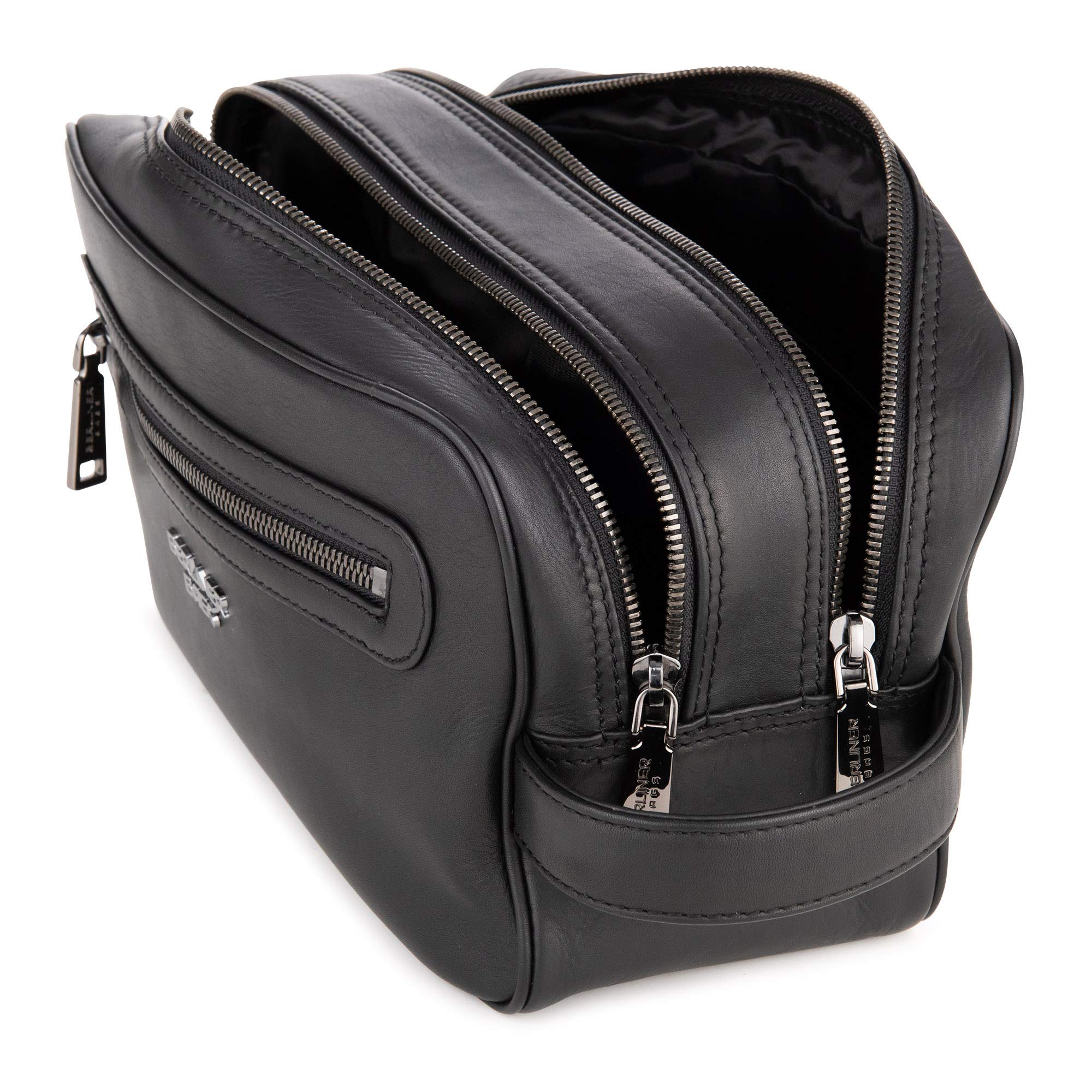 Berliner Bags MAX Neceser de Piel Auténtica con Dos Compartimentos, Bolso de Aseo Grande para Hombre y Mujer, Ideal para Viajes, con Cremallera YKK y Forro Impermeable – Negro