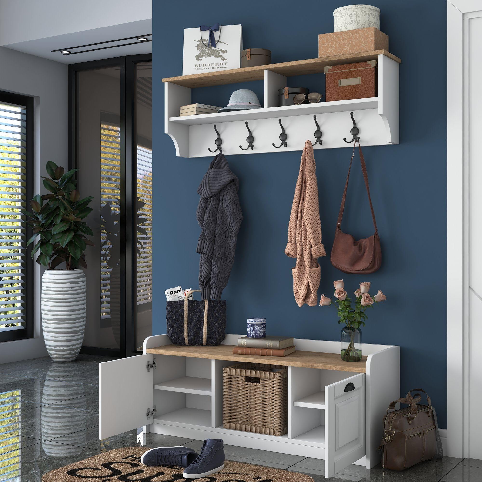 Dmora Mobile da Ingresso Karola 120x22x37h cm Bianco 6 Ripiani Appendiabiti, Modulabile