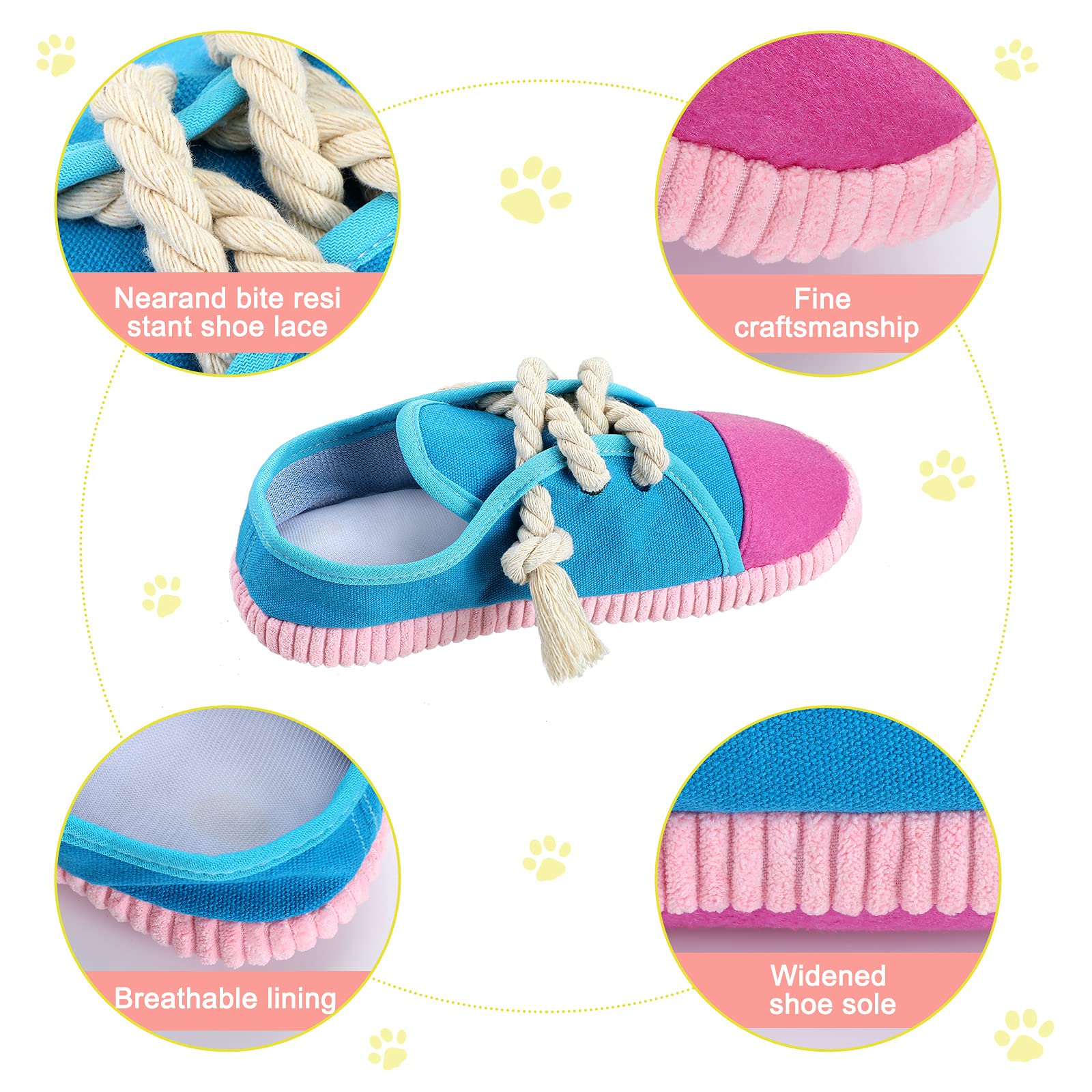 Lot de 4 chaussures à mâcher pour chien - Jouet à mâcher pour chien - Mini baskets couinantes - Chaussures en peluche pour chiens (jaune, bleu, rose, vert clair)