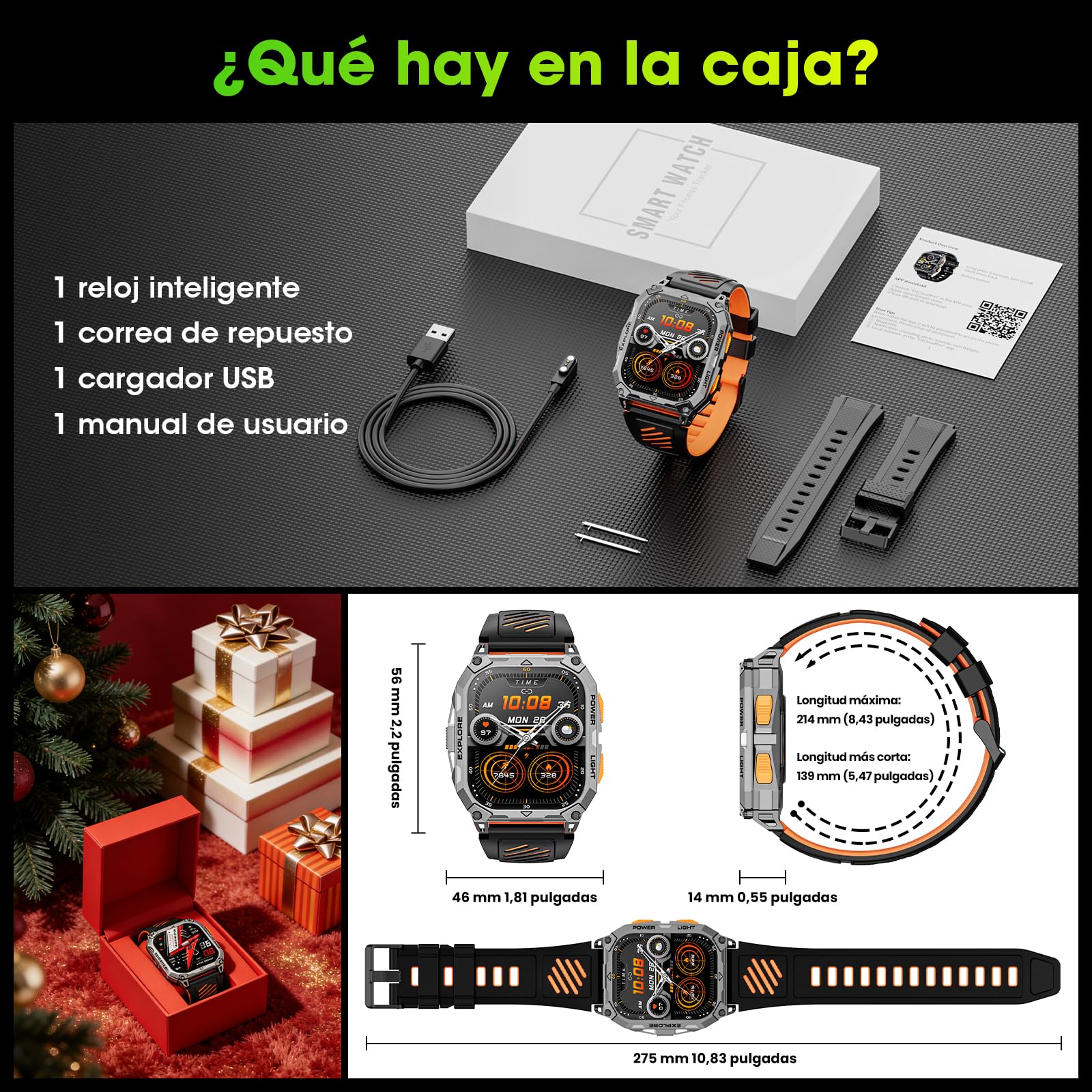 Reloj Inteligente Hombre con Linterna/1000 mAh Batería, 2.01" HD Smartwatch Militar con 110+ Modos Deportivos, Relojes Inteligentes Hombre con Bluetooth Llamadas/Monitor Sueño/Pulsómetro Android iOS