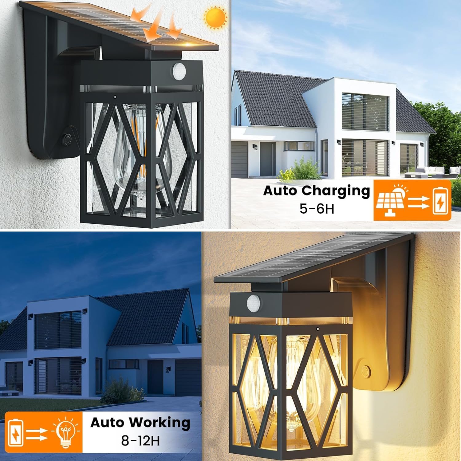 2 Pack Solar Porch Lights Outdoor, Dusk to Dawn & Motion Sensor Solar Wall Light with Lantern Shape, 3 Modes IP65 Waterproof, E26 Bulb Exterior Sconce for Front Porch, Garage, Patio Security