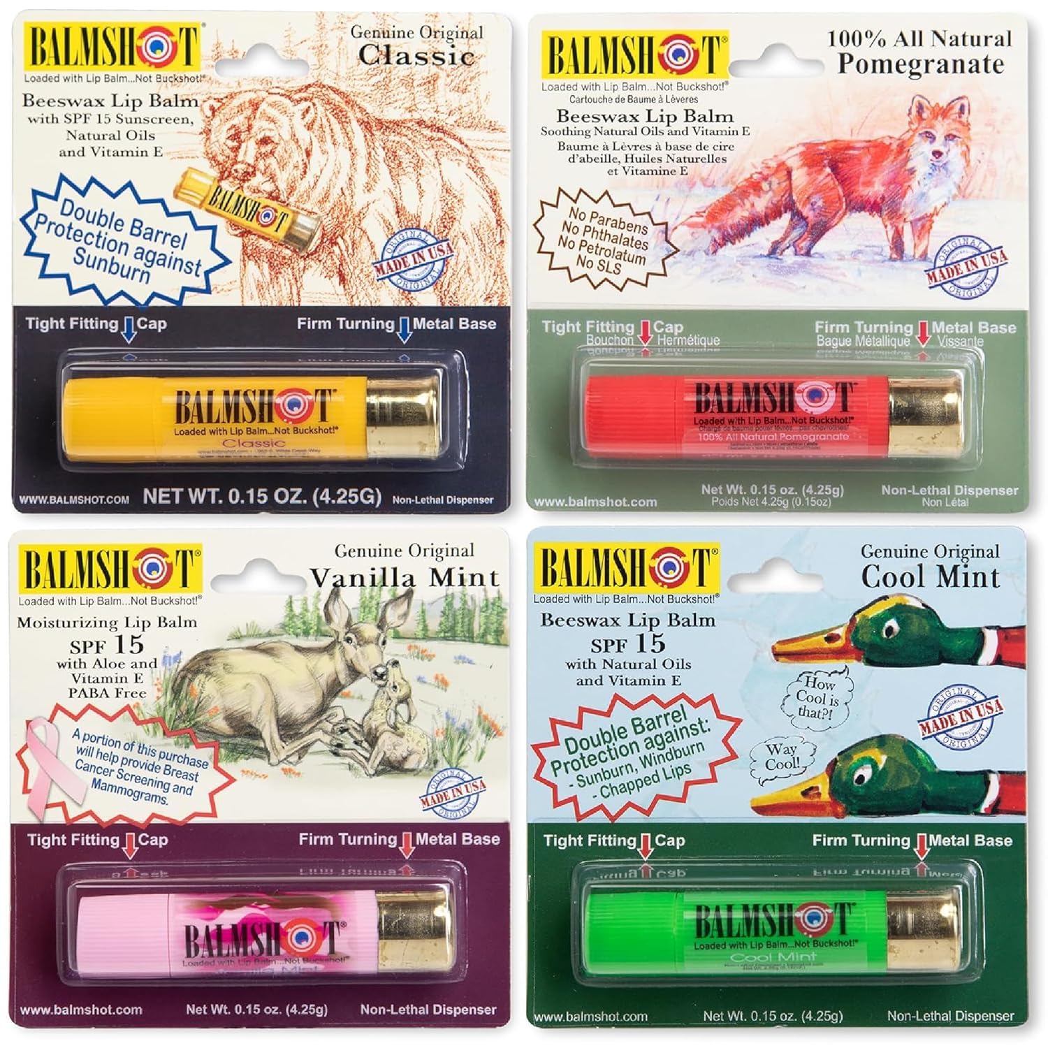 BALMSHOT Lip Balm - Multipack of four (4) SPF 15 Beeswax Chapstick with Aloe & Vitamin E, PABA Free - 20-Gauge Brass Shotgun Shell Tube – Heat Resistant, Long Lasting Lip Moisturizer – Made in USA