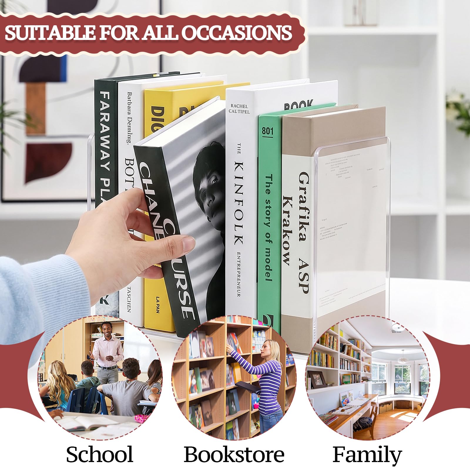 10 Piezas Sujetalibros de Acrílico Transparente, Sujeta Libros Estanteria con Almohadilla Antideslizante, Soportes para Estantería, Ideal para Escuela, Hogar, Oficina y Biblioteca