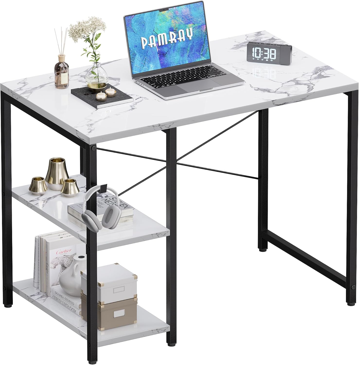 Pamray 32 Inch Small Computer Desk with Shelves, Home Office Desk with Headphone Hook for Bedroom, Study Writing PC Table for Small Spaces, Marble Marble 32 inch
