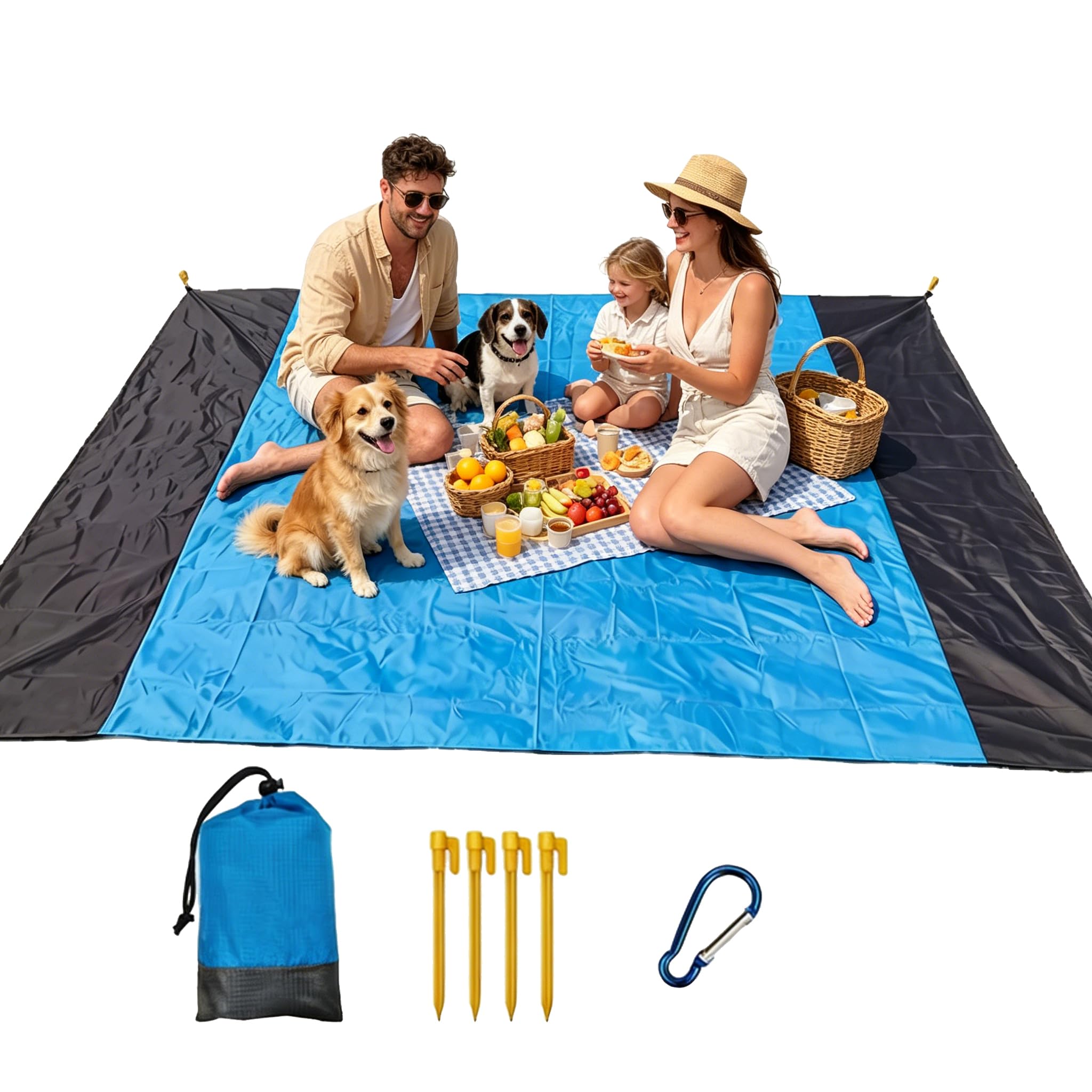 Huorv Blue/Grey Beach Mat Picnic Blanket Waterproof Sandproof Extra Large 210 X 200Cm Beach Blanket With 4 Fixed Nails, Portable Lightweight Outdoor Foldable Picnic Blanket For Beach Camping Travel 4-7 Adults