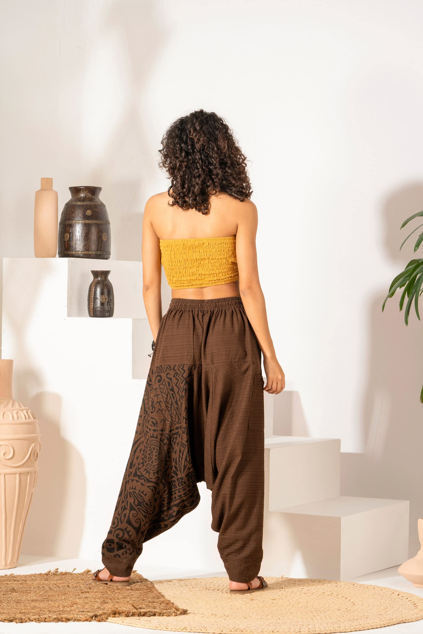 The Veshti Company Damskie spodnie haremki z nadrukiem - boho joga luźne spodnie z elastyczną talią i sznurkiem, spodnie hipisowskie