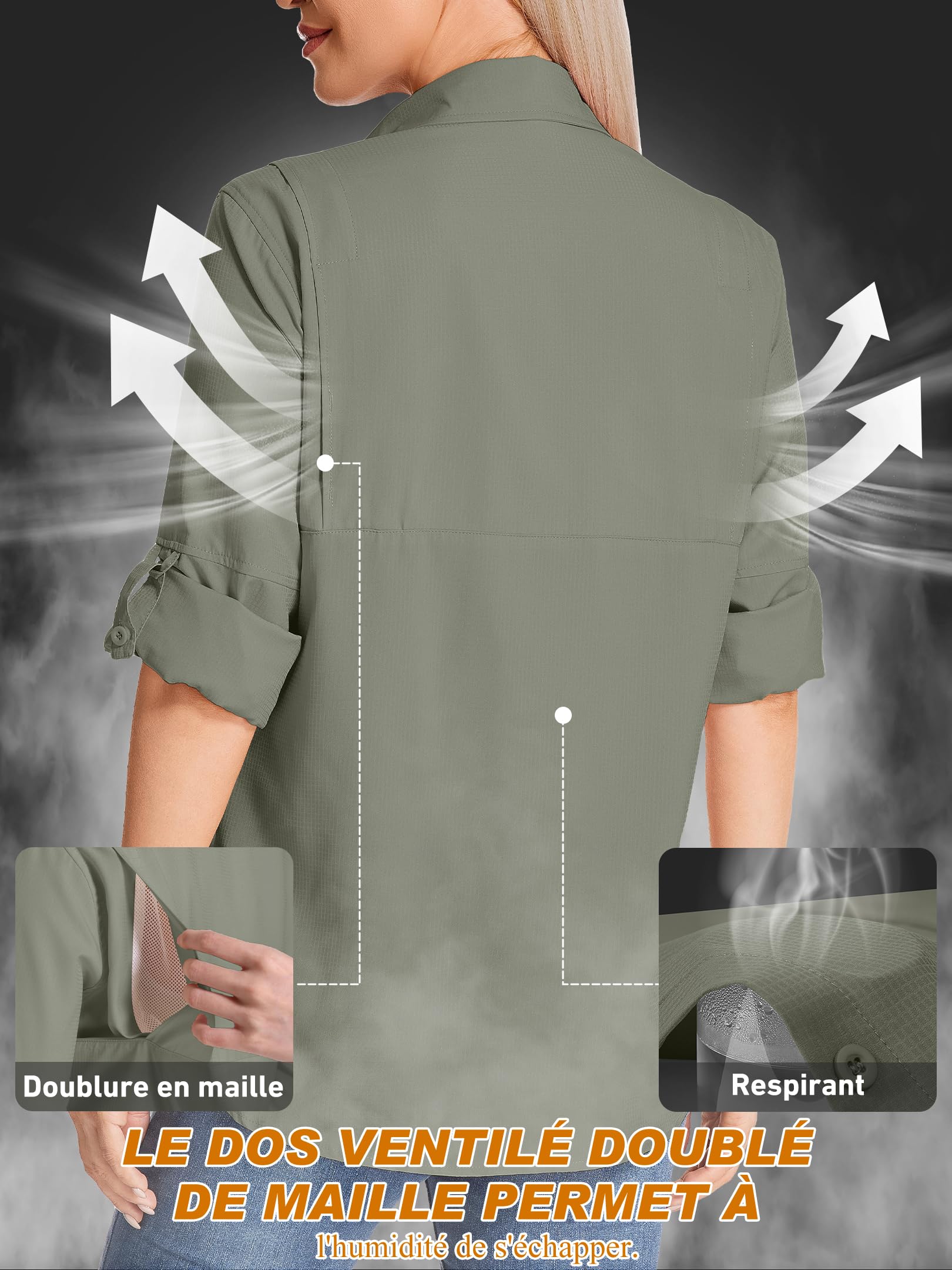 Chemise pour Femme - Protection UPF 50+ Chemises et t-Shirts de randonnée Femme Vêtement Safari Manches Longues - Idéale pour randonnée, Trekking, pêche, Camping