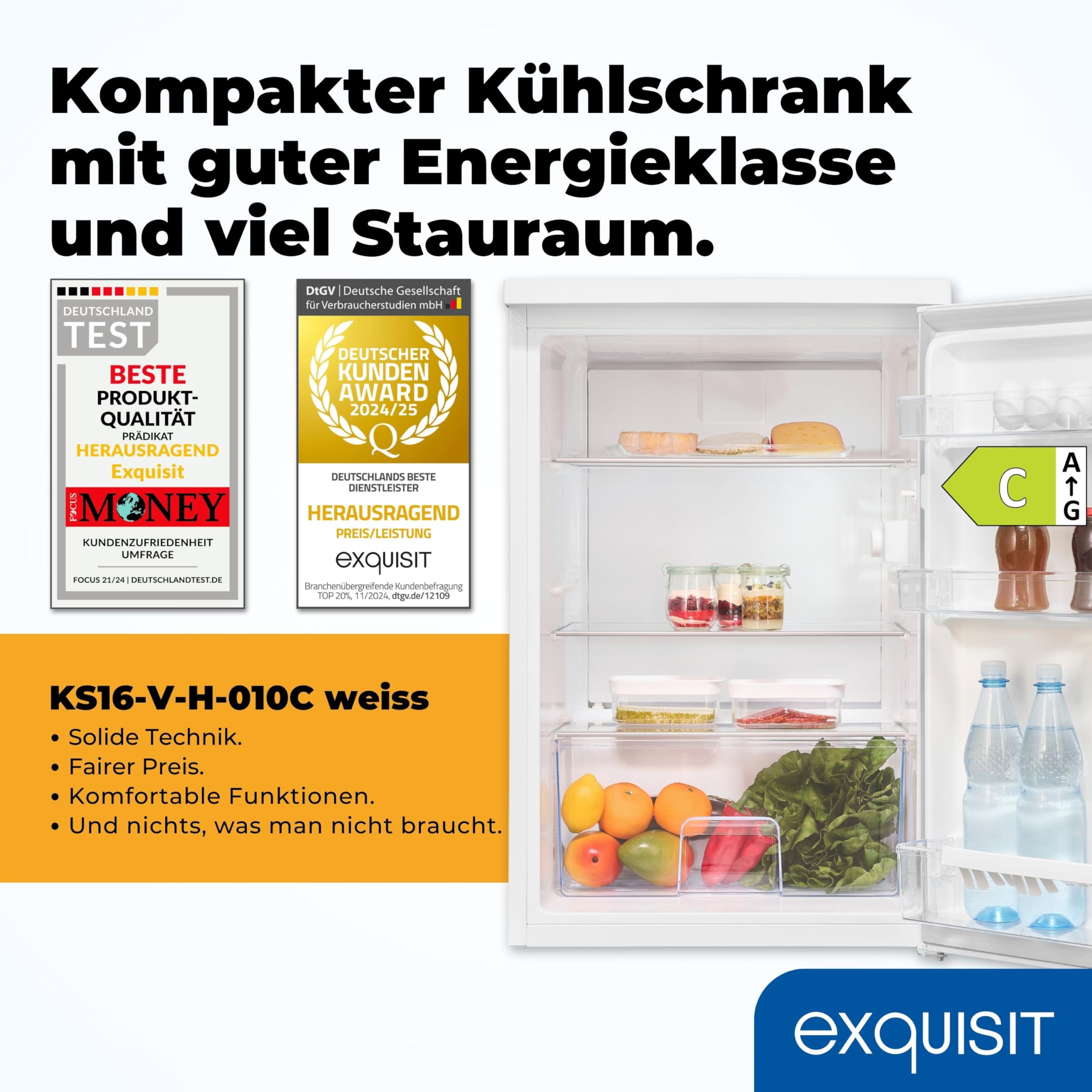 Exquisit KS16-V-H-010C Kühlschrank, 133 Liter Vollraumkühlschrank, Weiß | Energieklasse C, 37 dB leise, 3 Glasablagen, LED-Licht, wechselbarer Türanschlag, Standkühlschrank für Singles