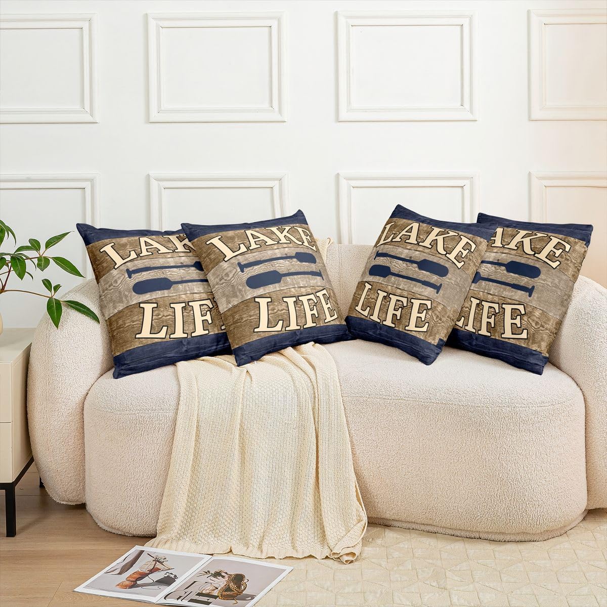 Set of 2 Lake House Throw Pillow Covers 24x24 Inch, Rustic Farmhouse Pillow Covers, Lake Paddle Cushion Covers Cabin Decor, Blue Brown Retro Wood Grain Decorative Pillow Covers for Home Bed Couch