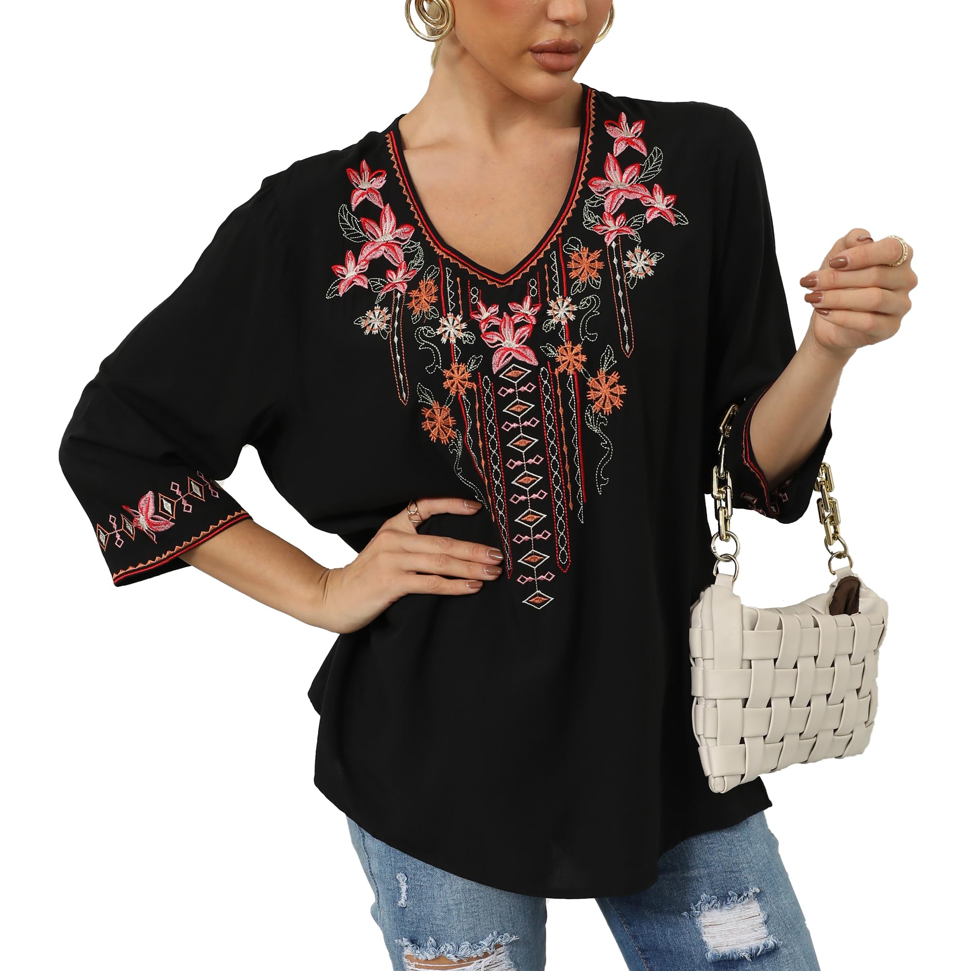Higustar Women's Mexican Embroidered Tops Bohemian Style Peasant 3/4 Sleeve Fiesta Shirts Boho Tunic Blouses Hippie Clothes