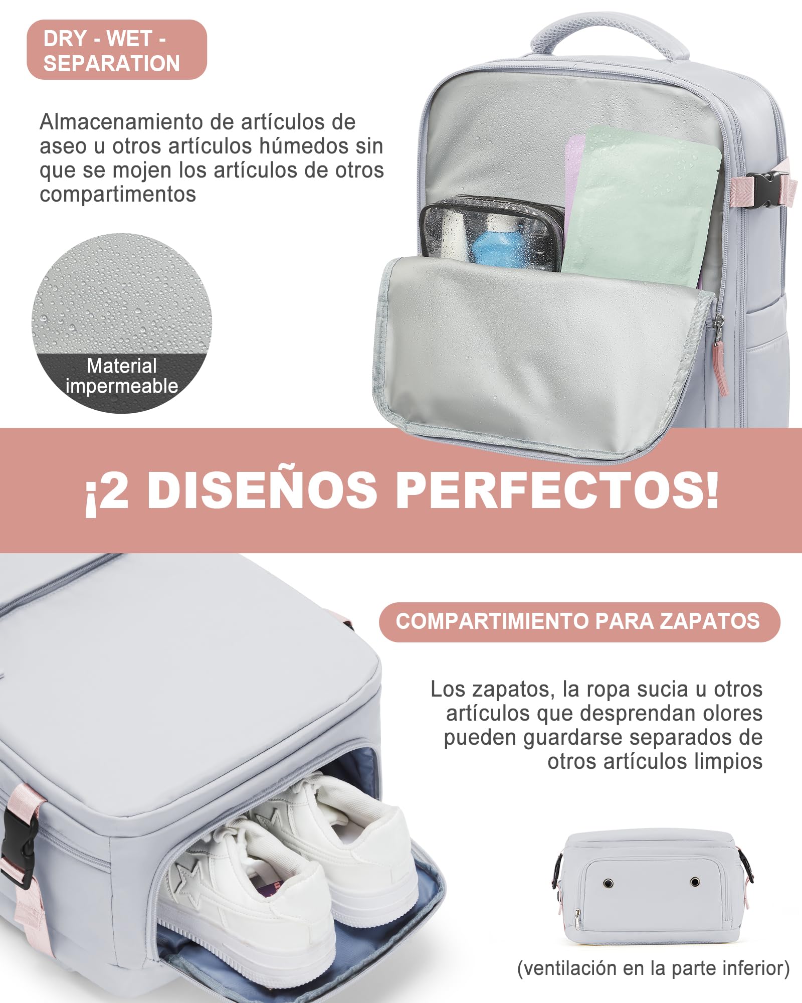 suradar Mochila al Vacío, Mochila Viaje Vacio con Bomba Travel Backpack Bolsa de Cabina Avion 45x36x20 para EasyJet Equipaje de Mano con Sistema Compresion para Hombre y Mujer Gris