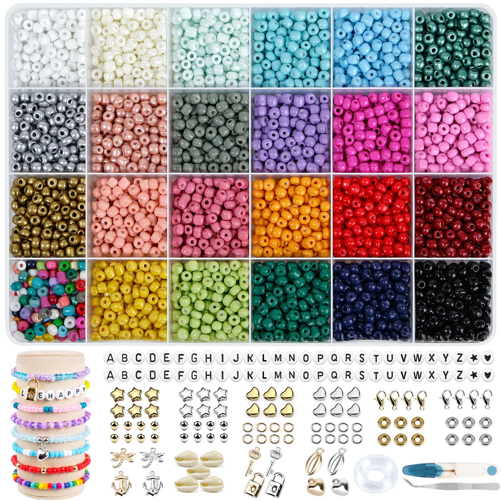 ARTREE 3500 Kit de abalorios para Hacer Pulseras, Joyas DIY,Cuentas de Semillas de Vidrio, con 300 Letras, Bolitas de Colores 4mm