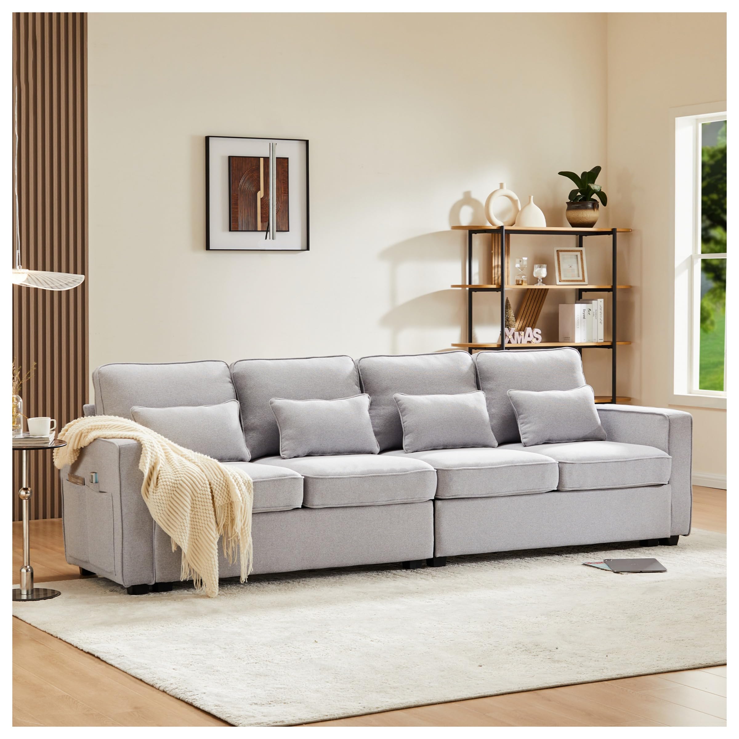 Sofá moderno de 4 plazas en tela de lino, sofá de cuatro plazas con bolsillos para apoyabrazos y 4 cojines, sofá de estilo simple, adecuado para sala de estar, casa, oficina (Gris)