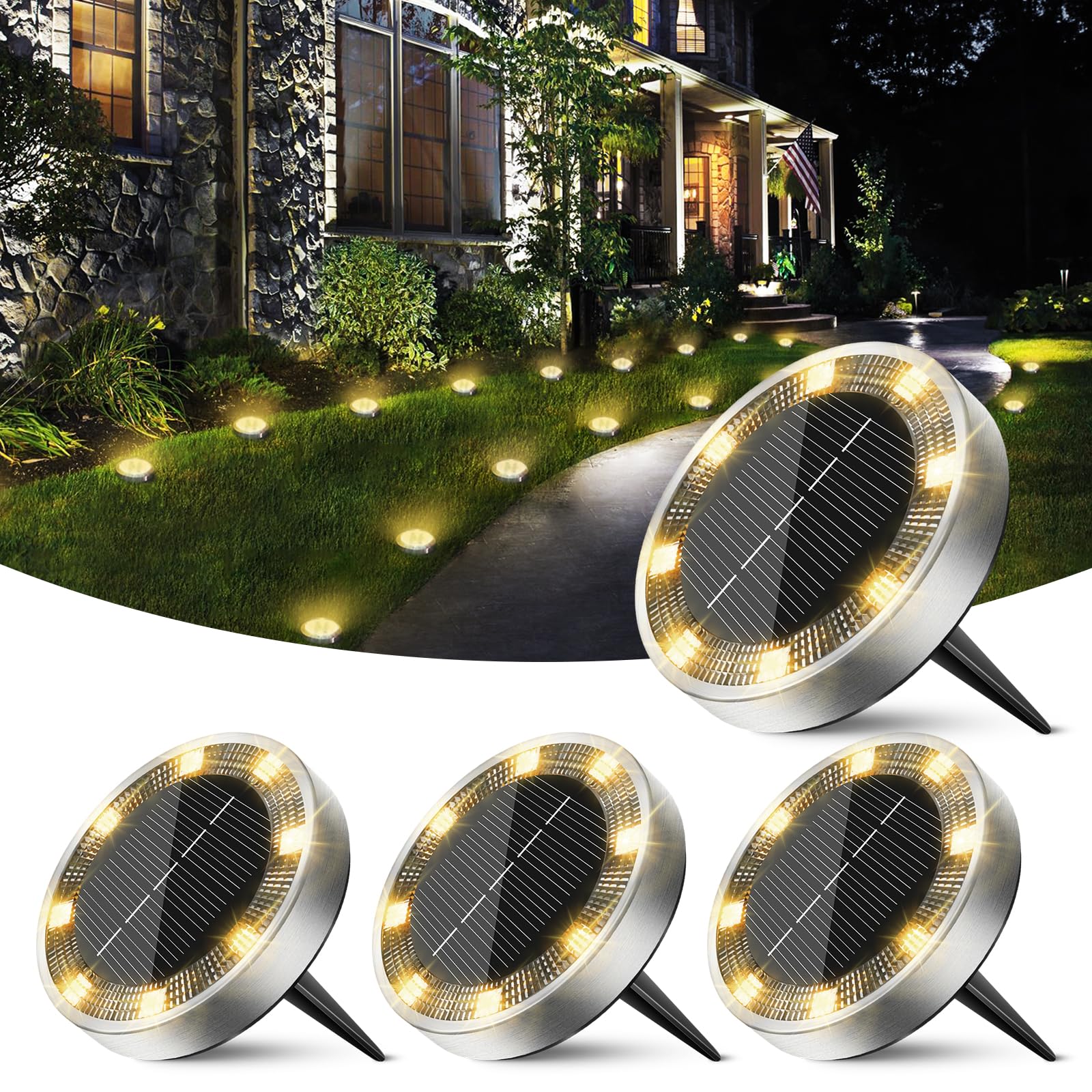 Peasur Mini Solar Ground Lights Outdoor, 4 Pack Flat Solar Powered Disc Lights, IP68 Waterproof, Anti-Rust, Landscape Lighting for Pathway Garden Yard Lawn Walkway Landscape Driveway, Warm White
