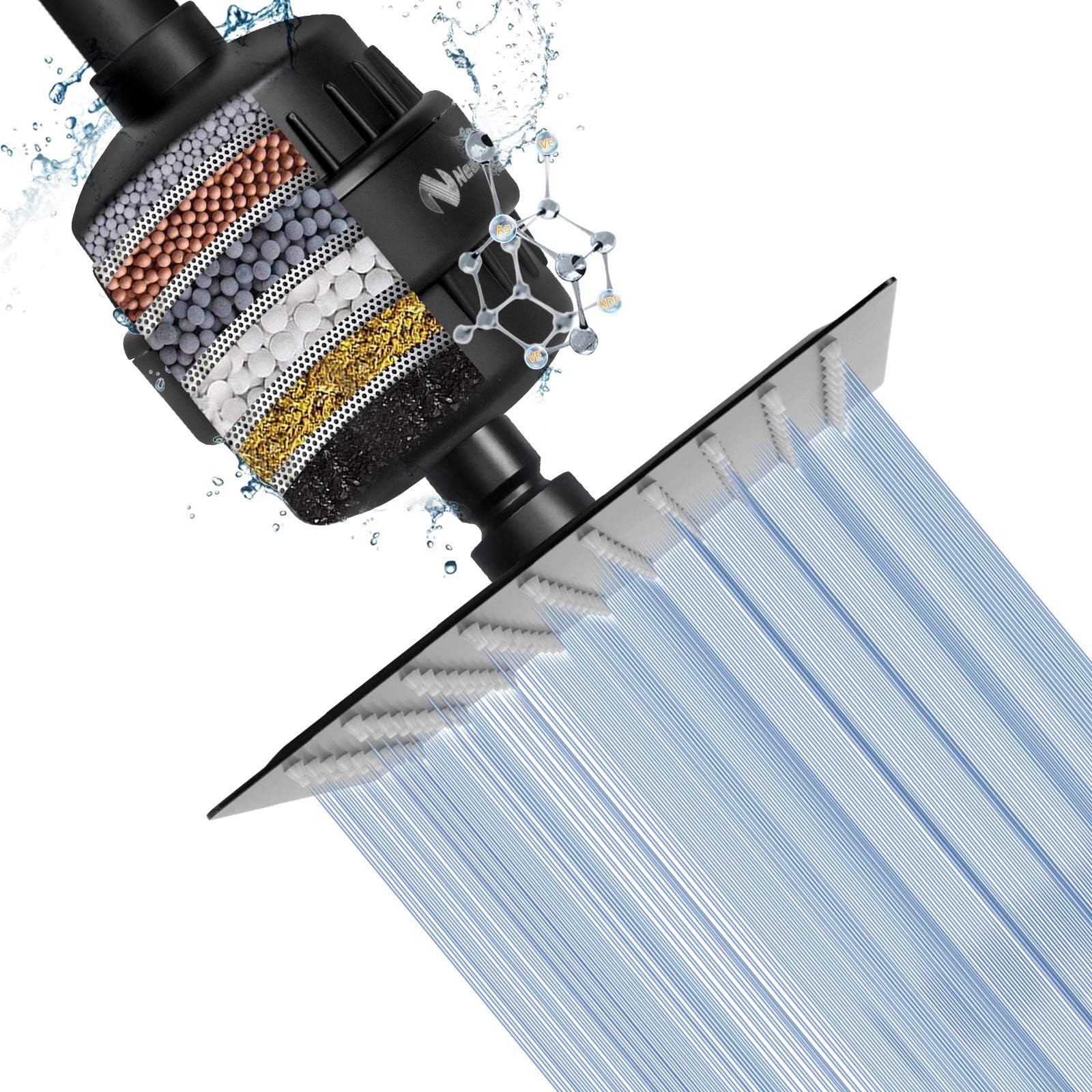 NearMoon Cabezal de ducha cuadrado y filtro de ducha de 15 etapas, cabezal de ducha filtrado de alta presión para agua dura, mejora la condición de tu piel y cabello, 1 cartucho de filtro de repuesto