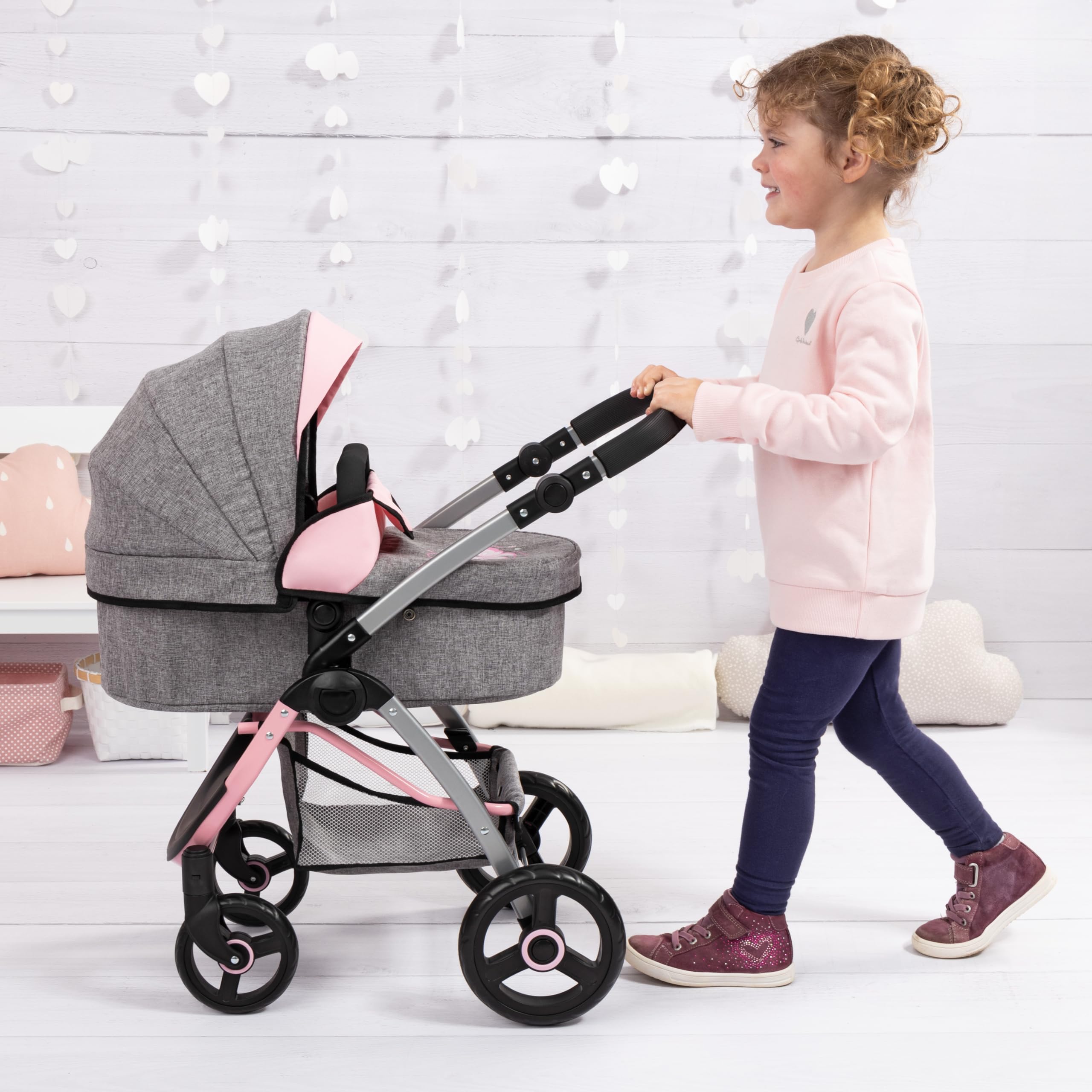 Bayer Design 17533AA Carrozzina per bambole City Max con borsa, altezza regolabile, ruote anteriori piroettanti, trasformabile in passeggino, cestino integrado