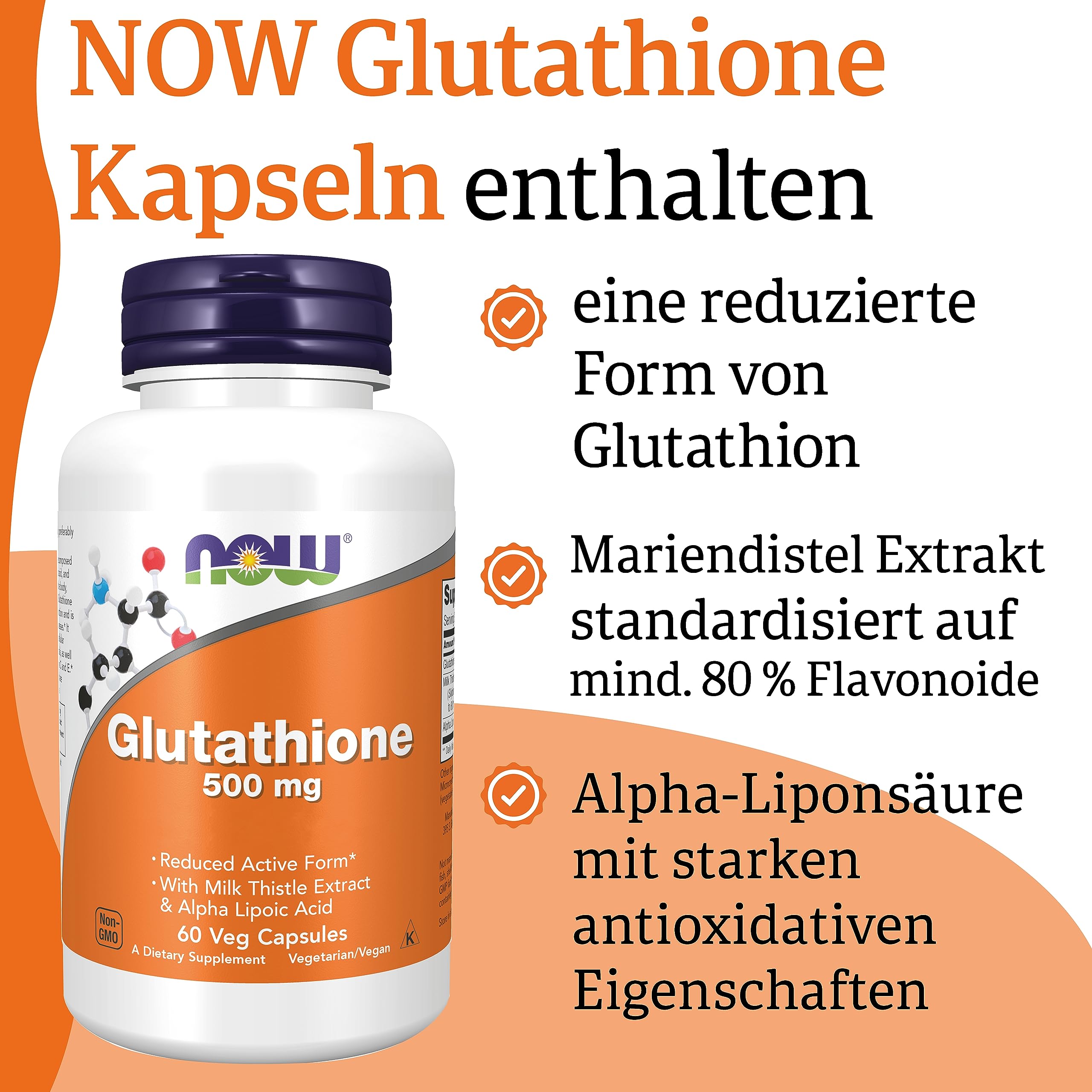 Now Foods, Glutathion, 500 mg, 60 vegane Kapseln, Laborgeprüft, Hochdosiert, Glutenfrei, Sojafrei, Vegetarisch