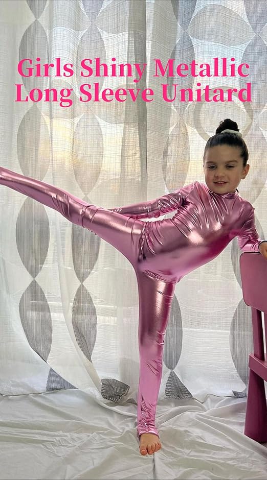 Kids Gymnastics Costume YgneeDom Girls Metallic Long Sleeve Unitard - Shiny Spandex Bodysuit For Dance & Performance Children's Performance Costume