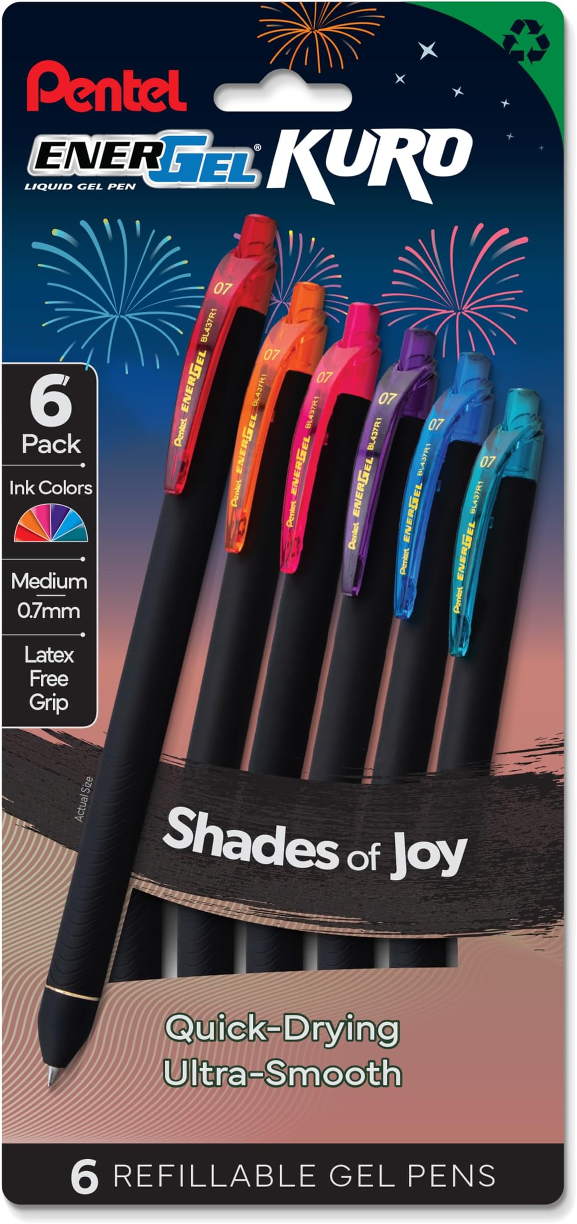 EnerGel Kuro Shades of Joy, Retractable Liquid Gel Pen, Assorted Ink Colors, Pack of 6 (BL437JOYPF6)