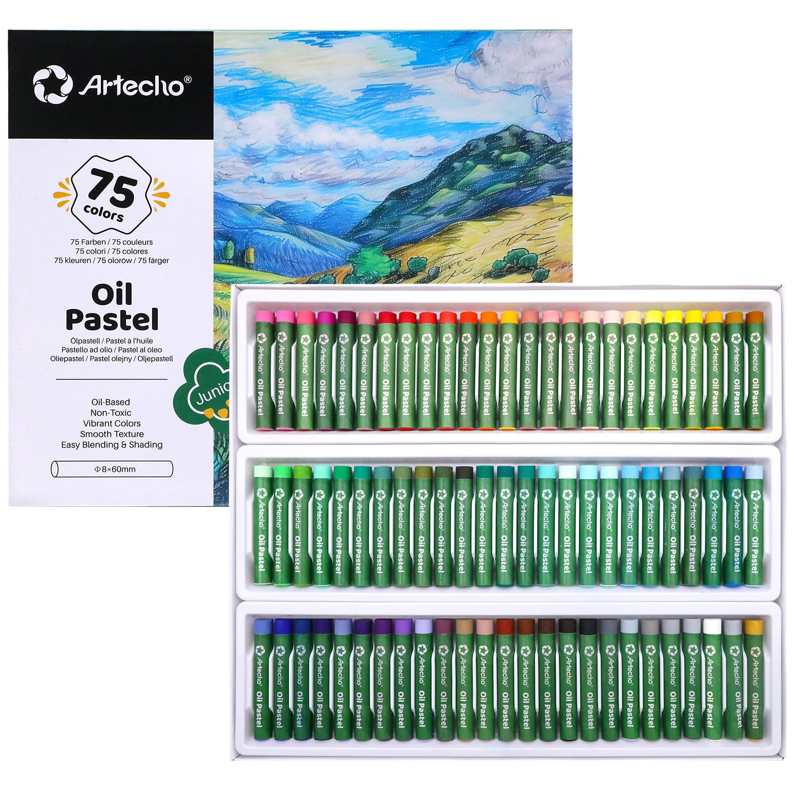 Artecho Oil Pastels Set of 75 PCS (8 x 60 mm), Soft Oil Pastels for Art Painting, Drawing, Blending, Art Supplies for Artists, Beginners, Students, Teachers