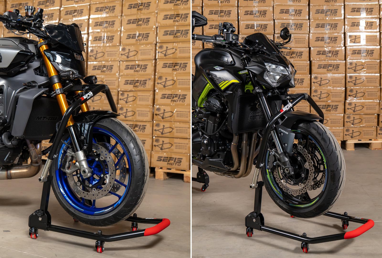 SEFIS M20u - Soporte para motocicleta plegable con cabezal de dirección para rueda delantera, elevador de moto, soporte de servicio delantero para motocicleta, soporte de montaje delantero para