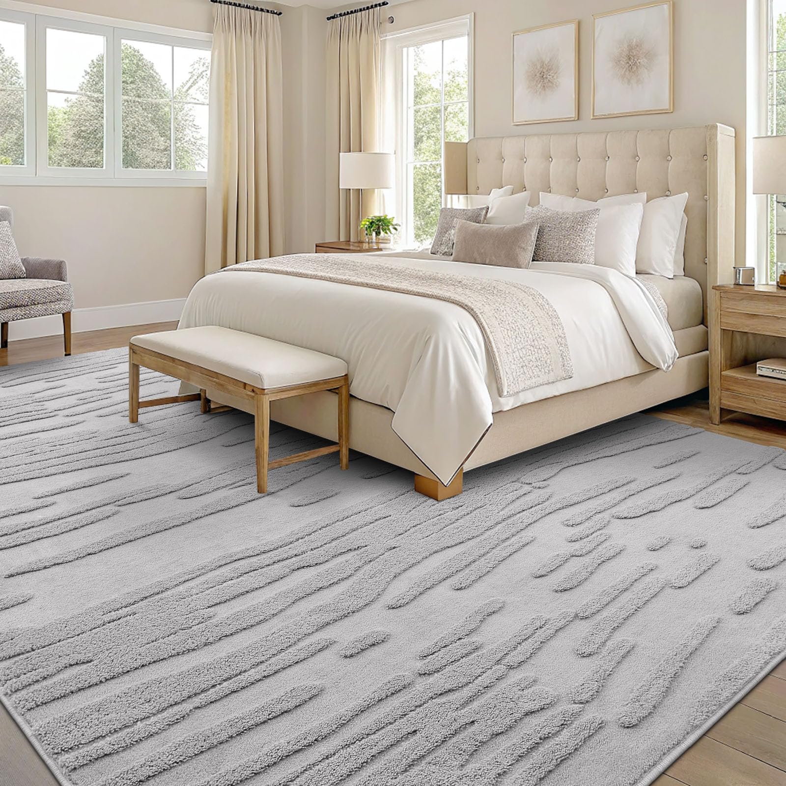 smiry Kurzflor Teppich Wohnzimmer, 160x220cm, Hellgrau | Moderner Waschbar Anti-Rutsch Teppich für Schlafzimmer, Esszimmer, Büro