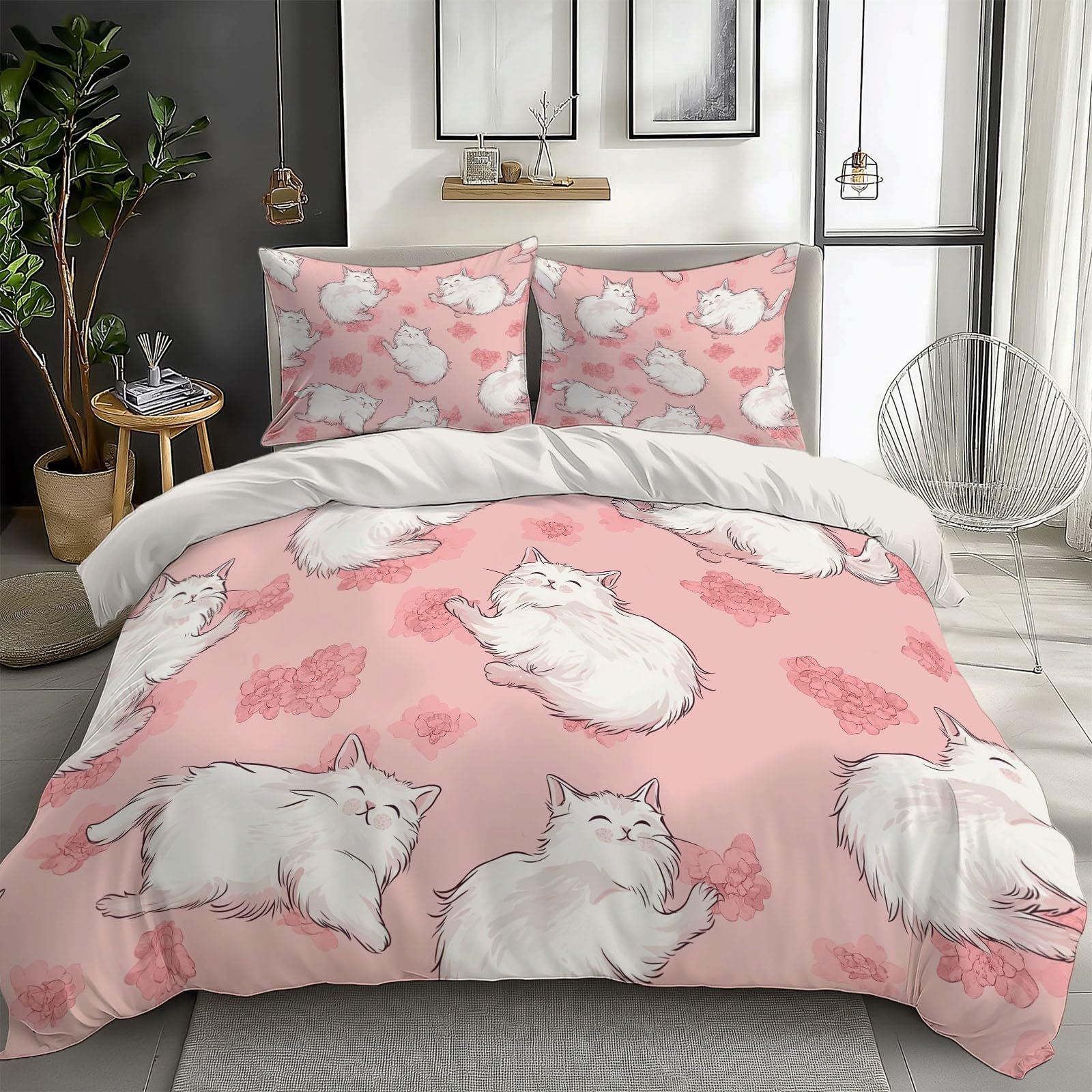 Duvet Cover King Size Cartoon Pink Animal Cat Reversible 3 Pieces Duvet Cover Set, Bedding Set for All Season, Soft and Breathable Bedding Set with Zipper Closure