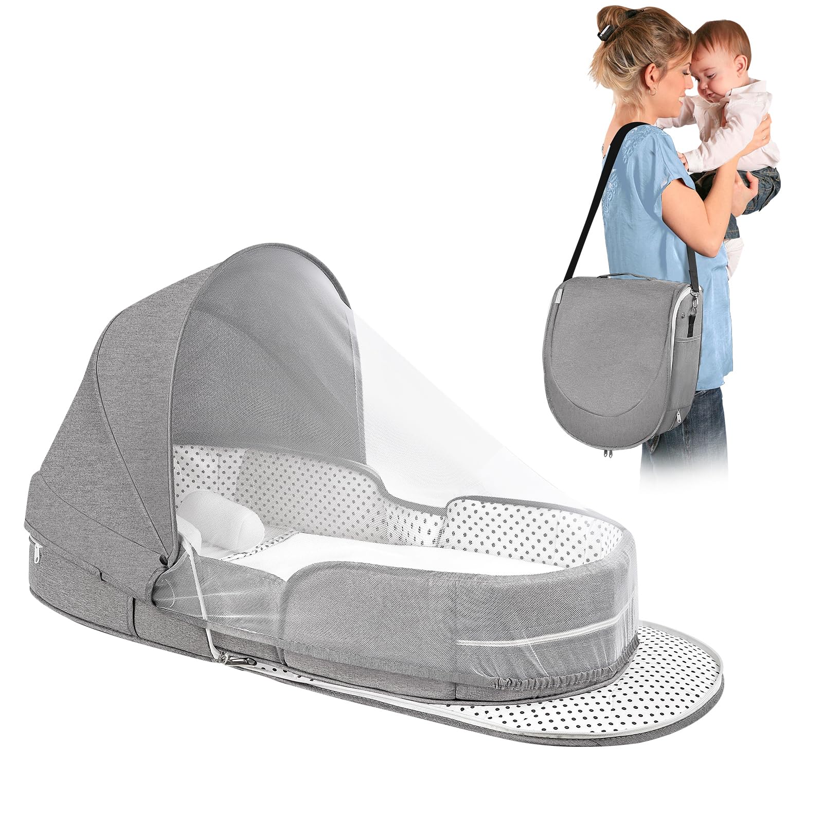 UQM Portable Travel Bassinet for Baby, Foldable Baby Travel Bed Cribs, Lightweight Infant Bed Newborn Baby Bed with Mosquito Net and Canopy