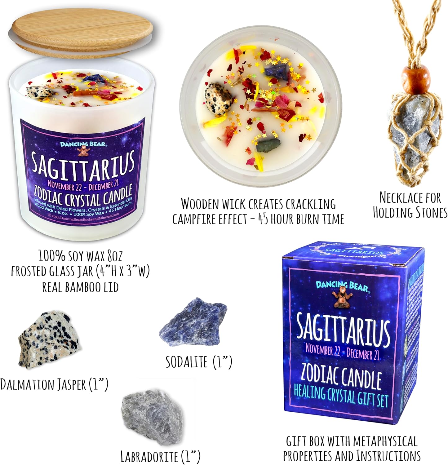 DANCING BEAR Sagittarius Zodiac Candle Gift Box Set with 3 Healing Crystals & Stone Holder Necklace, 100% Soy Scented Wax, Crackling Wood Wick, 45 Hour Burn Time - Image 3
