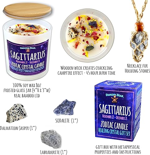 Miniatura 3 de DANCING BEAR Juego de caja de regalo de velas del zodiaco Sagitario con 3 cristales curativos y collar con soporte de piedra, 100% cera perfumada de