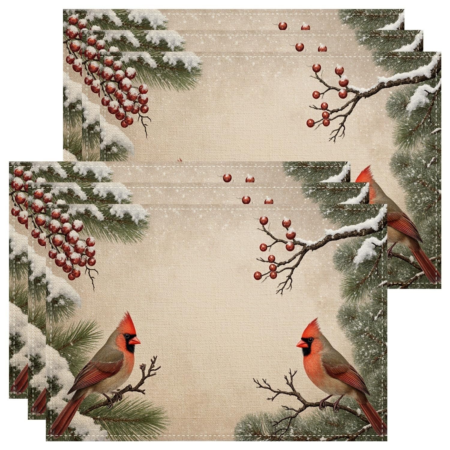 Christmas Cardinal Placemats, Rustic Winter Bird Place Mats for Dining Table, Holiday Non-Slip Washable Indoor Outdoor Kitchen Party Decorative Placemat Set of 6