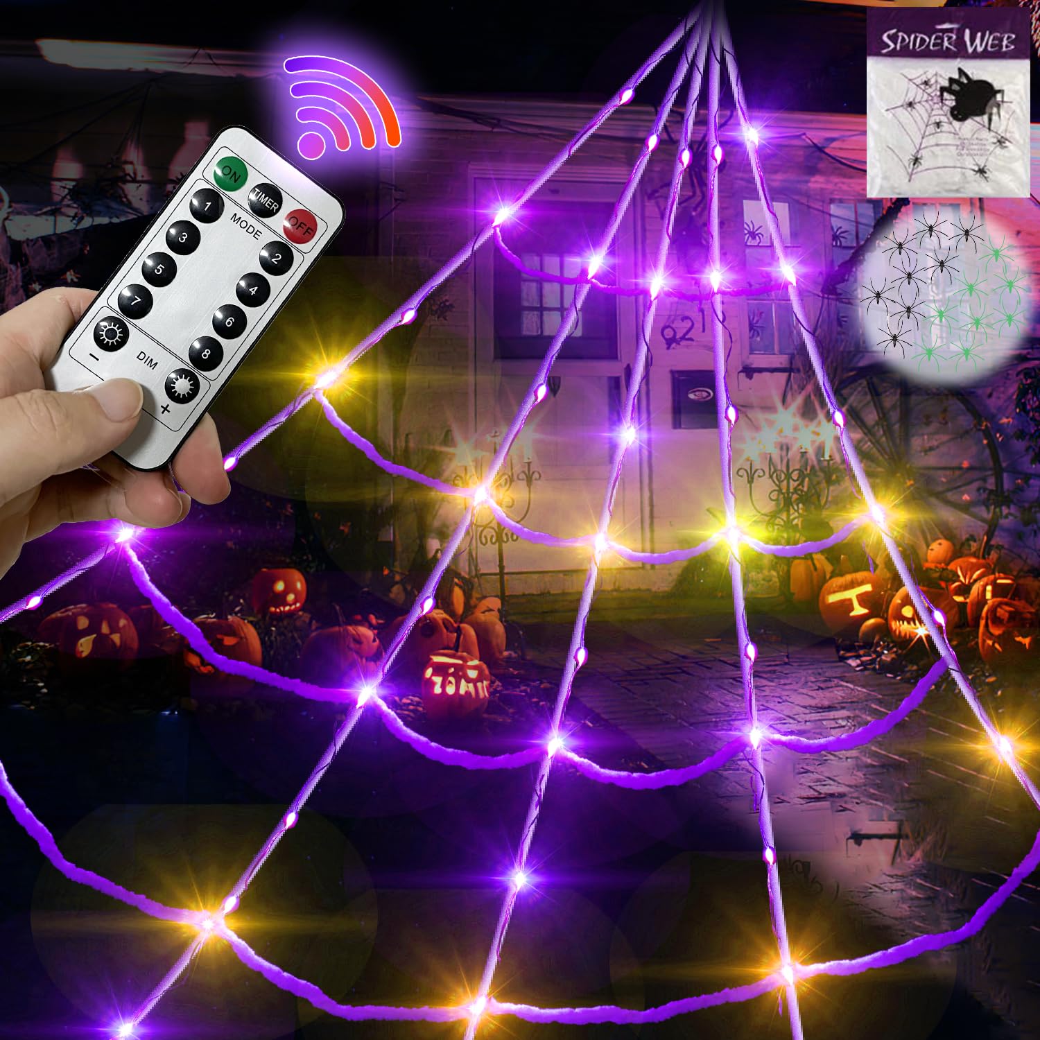5Ft Giant Spider 20 * 17FT Halloween Spider Web 150 Led Purple Lights Light Up Lighted TriangularBattery Operated Waterproof with 200sqft Cobweb and 20 Small Spiders for Indoor and Outdoor Decor