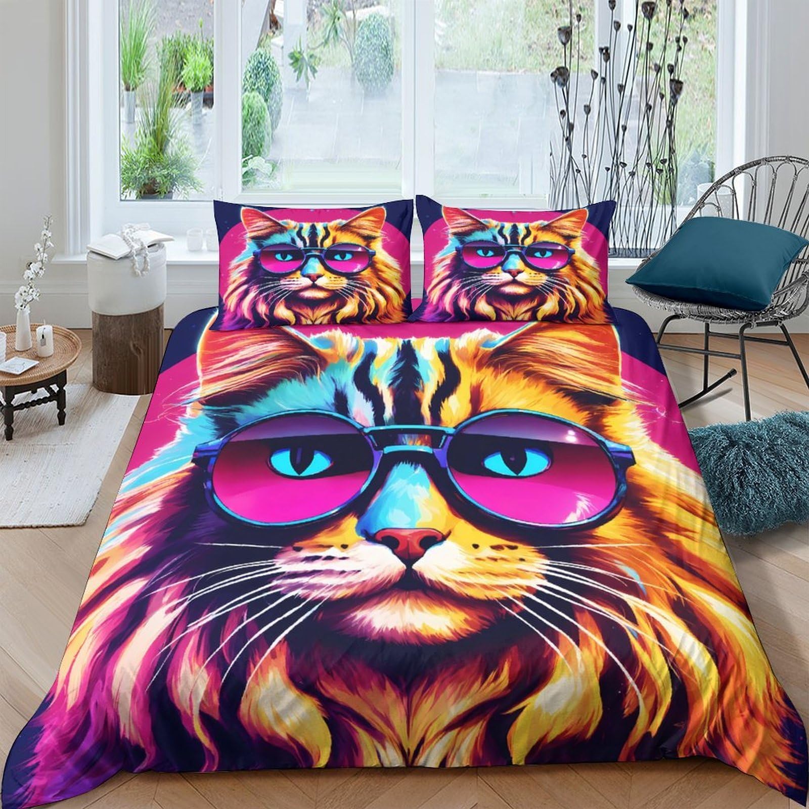 Ctjqhvkz Style-7 3D Printed Cool Cat Fitted Sheet Microfiber Bedroom Decor Colorful Sunglasses Mattress Cover For Home Dorm Single（135X200cm）
