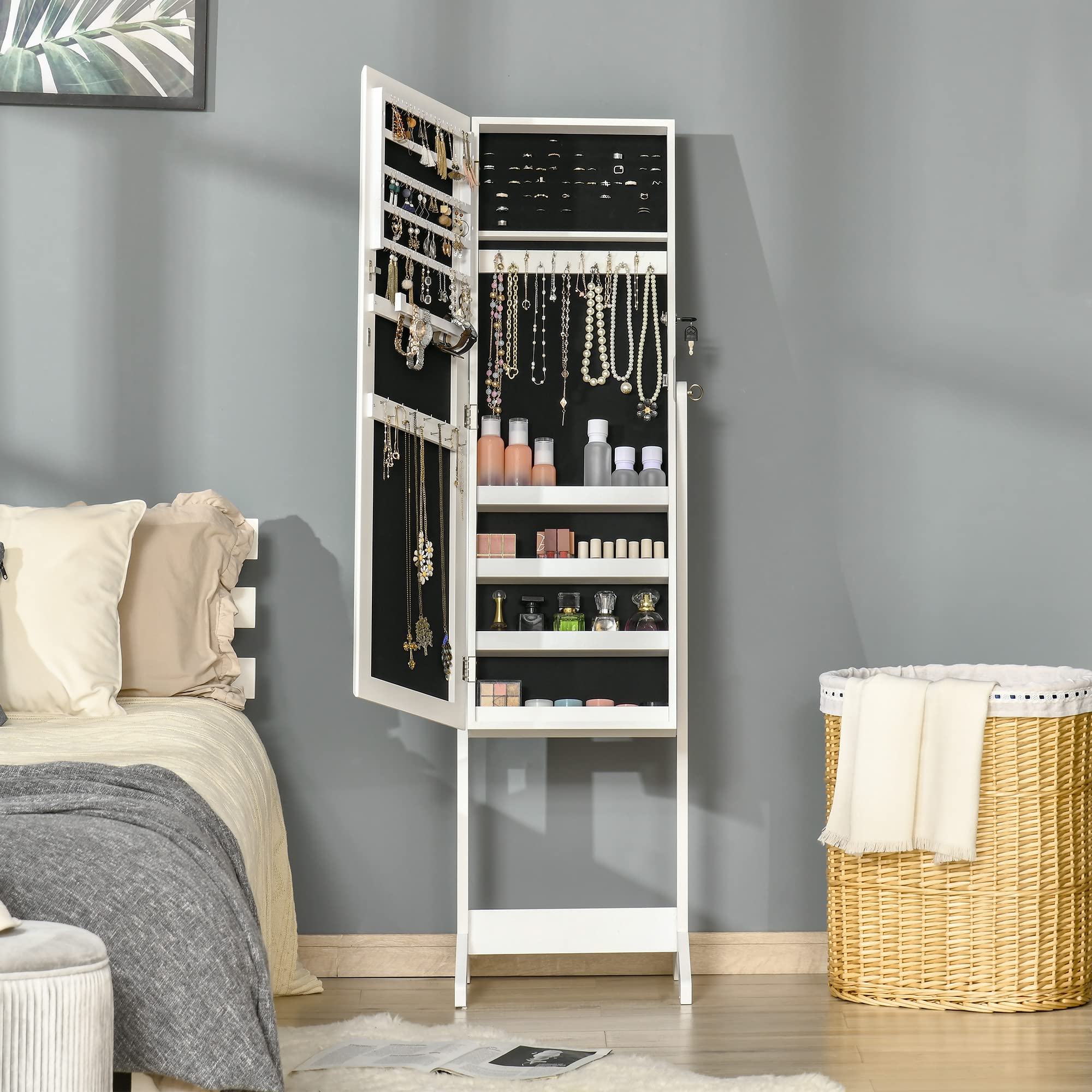 HOMCOM Armoire à Bijoux avec Miroir à Pied Multi-Rangement Inclinaison réglable Serrure dim. 46L x 36,5l x 151,5H cm en bois Blanc